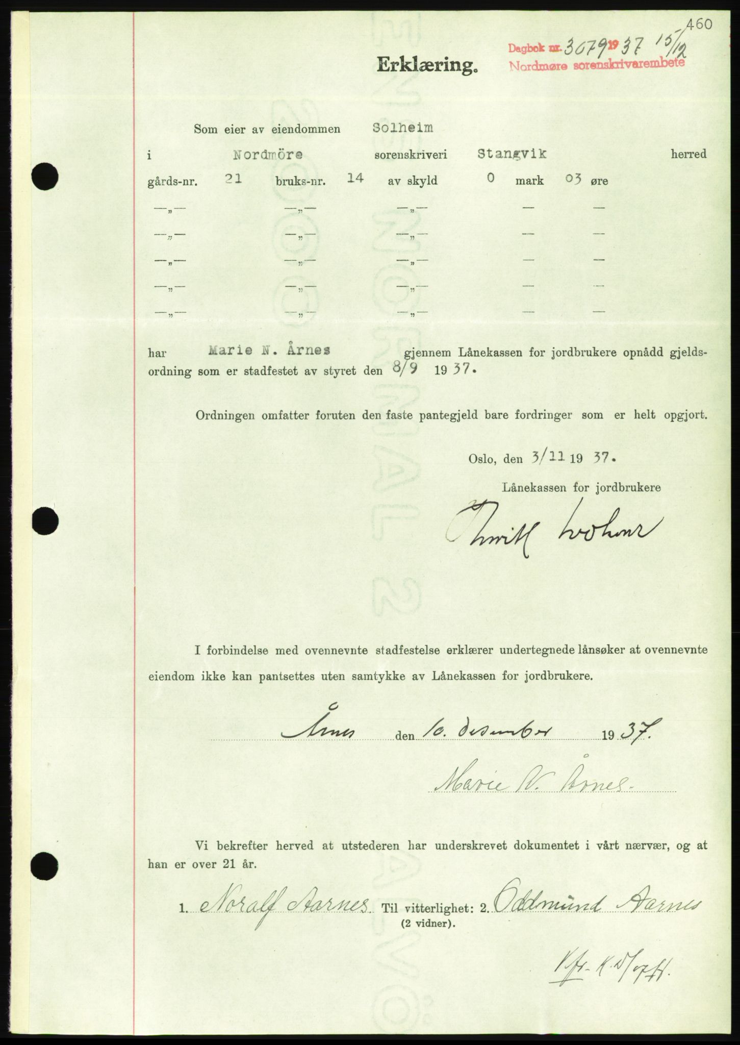 Nordmøre sorenskriveri, AV/SAT-A-4132/1/2/2Ca/L0092: Mortgage book no. B82, 1937-1938, Diary no: : 3079/1937