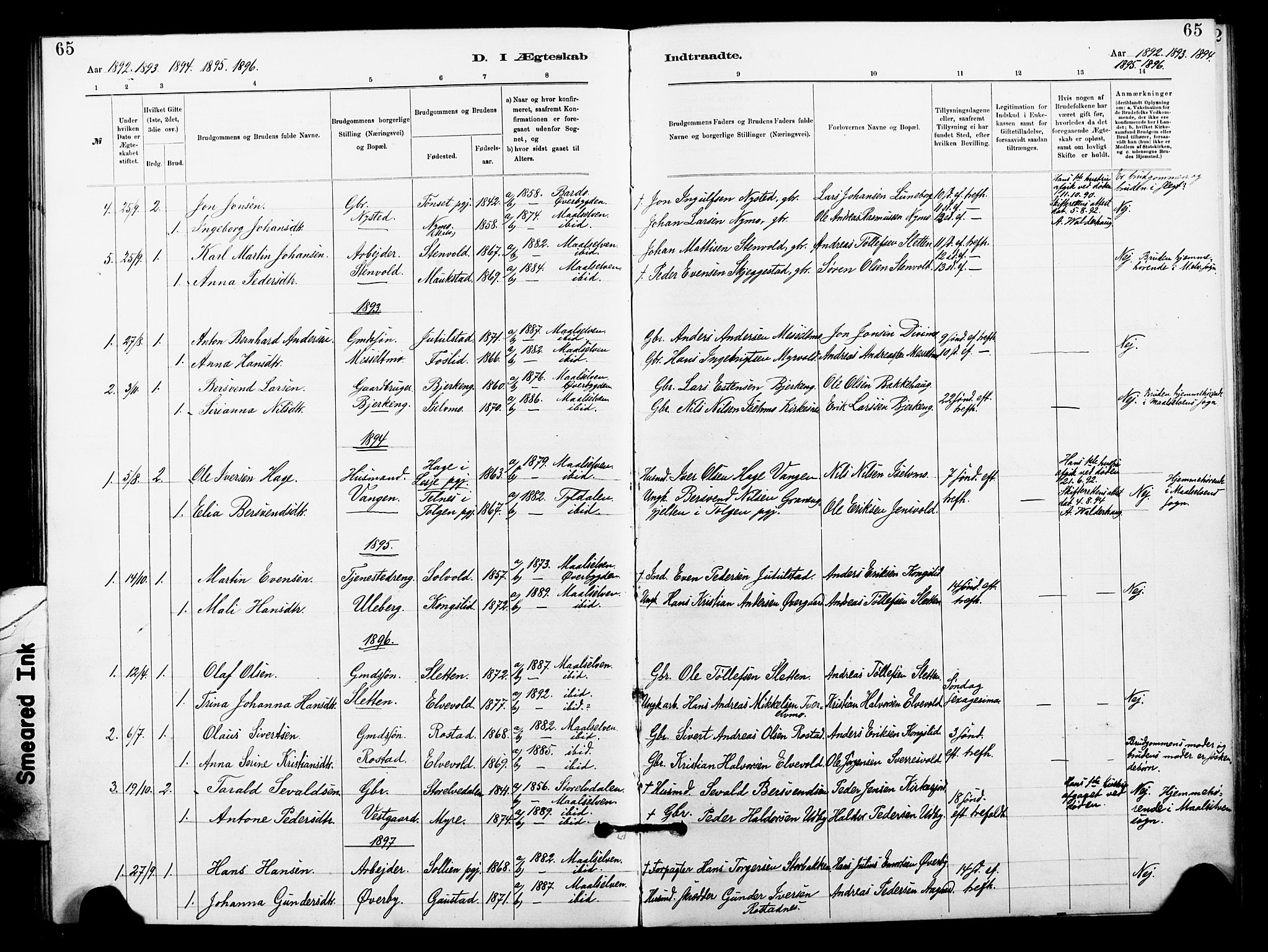 Målselv sokneprestembete, AV/SATØ-S-1311/G/Ga/Gaa/L0006kirke: Parish register (official) no. 6, 1884-1902, p. 65