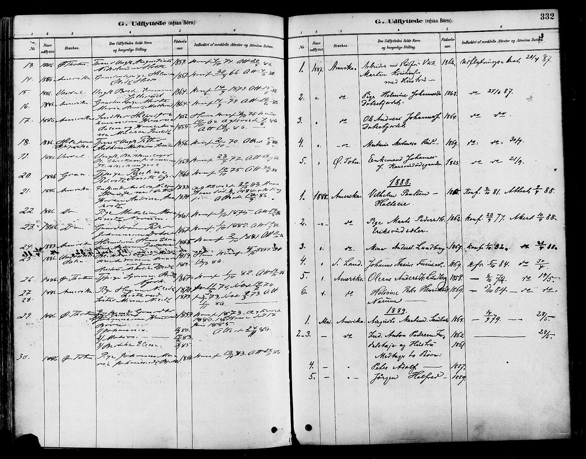 Vestre Toten prestekontor, SAH/PREST-108/H/Ha/Haa/L0009: Parish register (official) no. 9, 1878-1894, p. 332