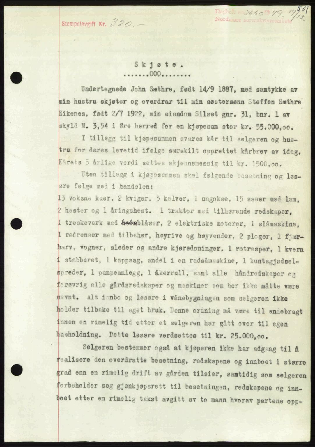 Nordmøre sorenskriveri, AV/SAT-A-4132/1/2/2Ca: Mortgage book no. A113, 1949-1950, Diary no: : 3660/1949