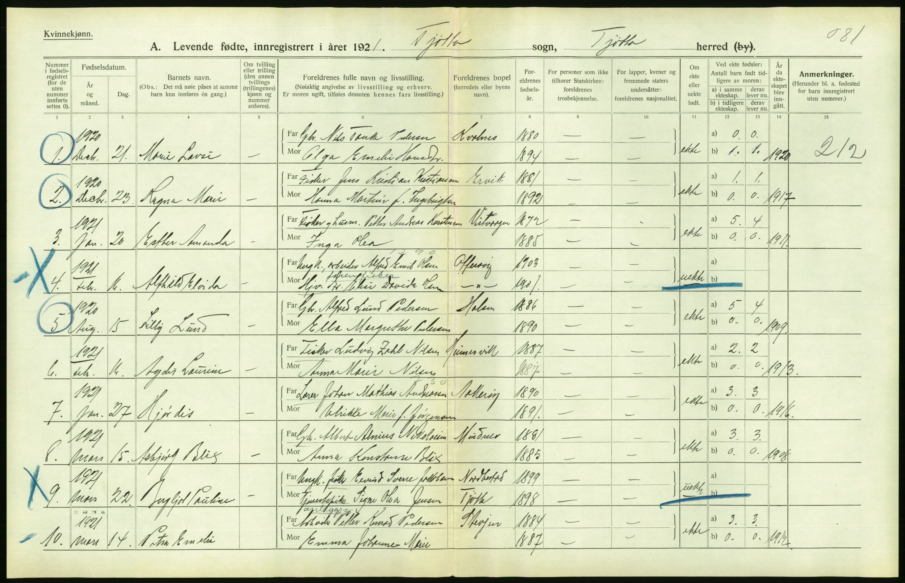 Statistisk sentralbyrå, Sosiodemografiske emner, Befolkning, AV/RA-S-2228/D/Df/Dfc/Dfca/L0049: Nordland fylke: Levendefødte menn og kvinner. Bygder., 1921, p. 42