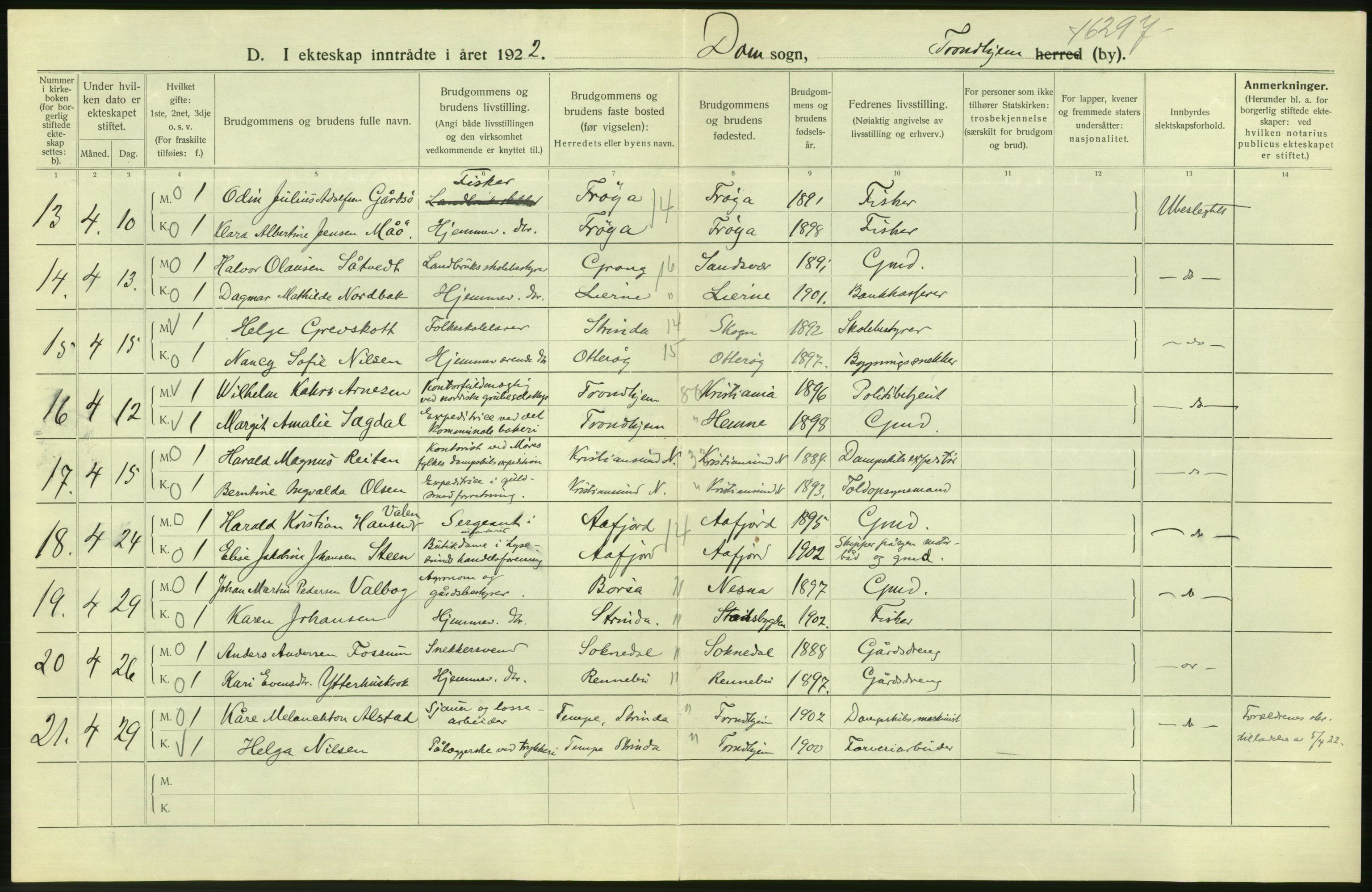 Statistisk sentralbyrå, Sosiodemografiske emner, Befolkning, AV/RA-S-2228/D/Df/Dfc/Dfcb/L0040: Trondheim: Gifte, døde, dødfødte., 1922, p. 58