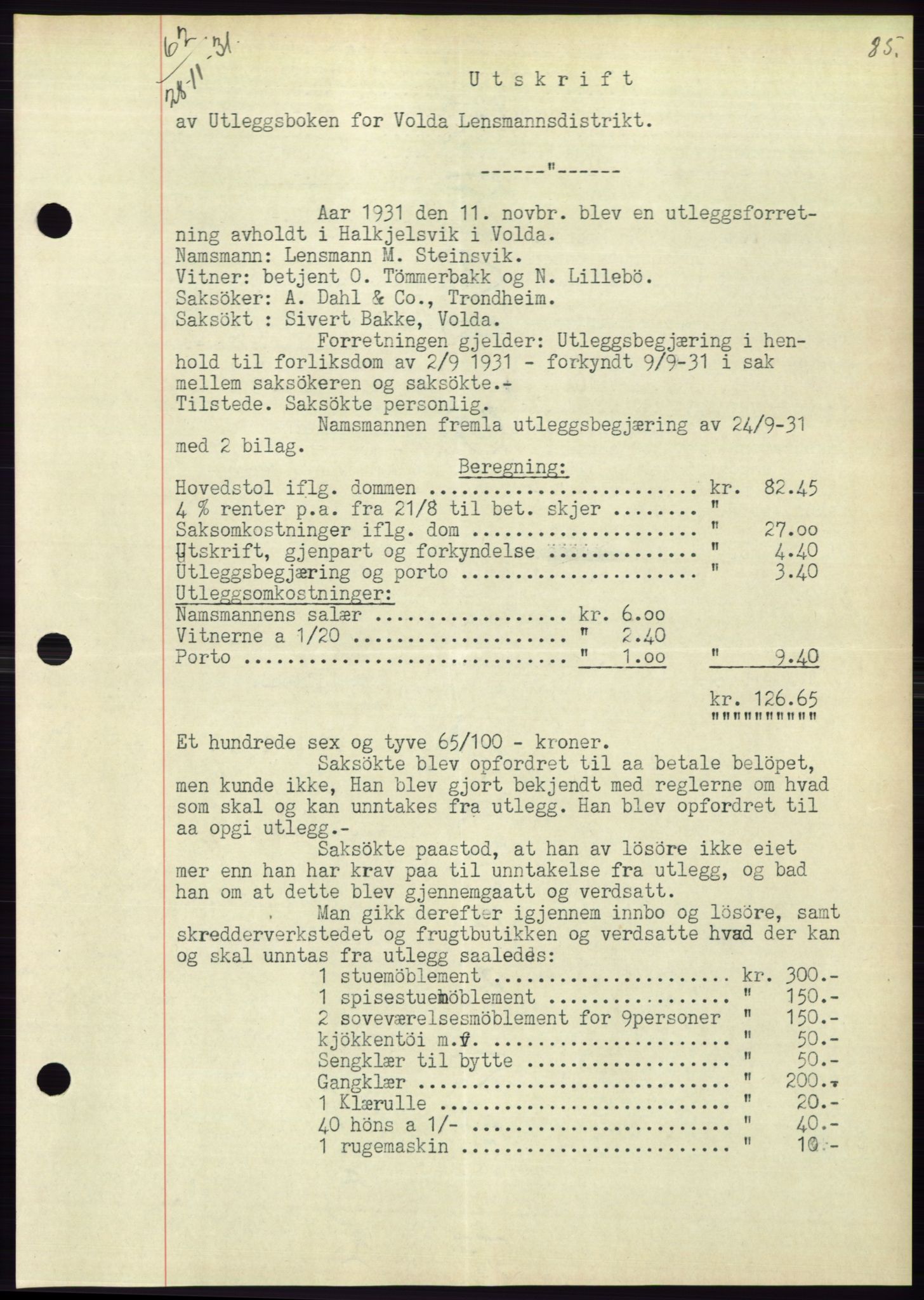 Søre Sunnmøre sorenskriveri, AV/SAT-A-4122/1/2/2C/L0053: Mortgage book no. 47, 1931-1932, Deed date: 28.11.1931