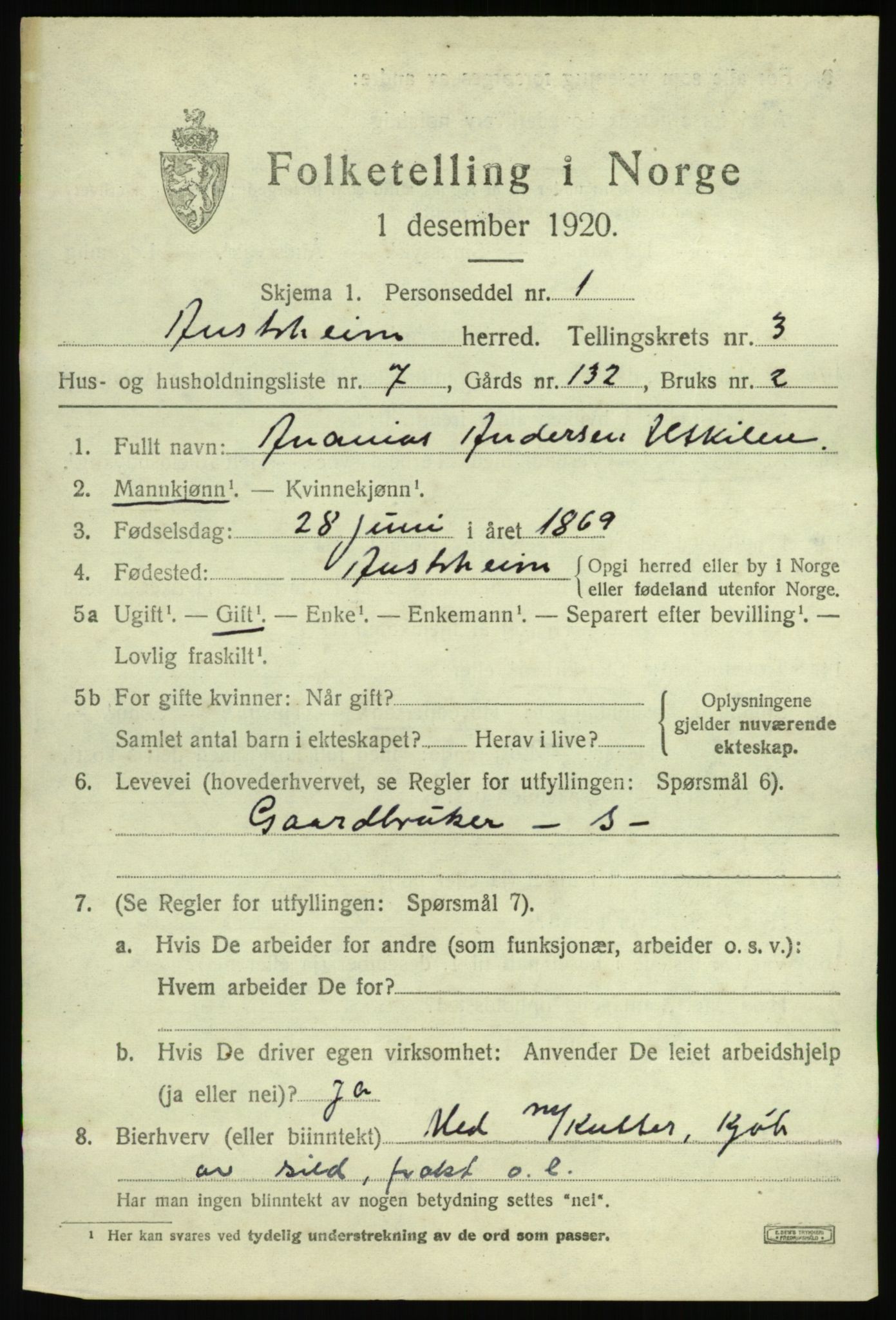 SAB, 1920 census for Austrheim, 1920, p. 1664