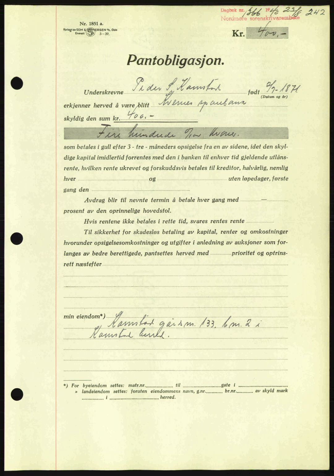 Nordmøre sorenskriveri, AV/SAT-A-4132/1/2/2Ca: Mortgage book no. B87, 1940-1941, Diary no: : 1366/1940