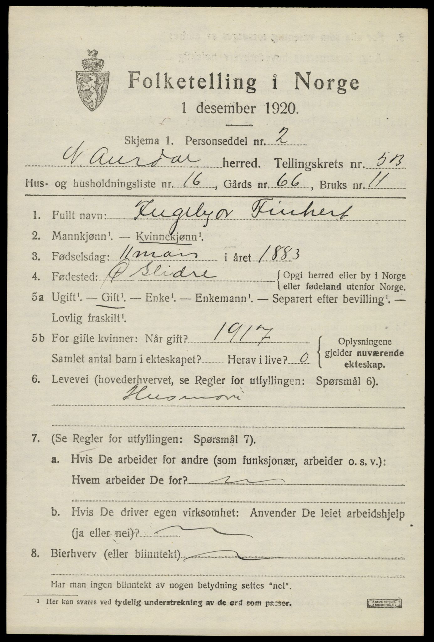 SAH, 1920 census for Nord-Aurdal, 1920, p. 5330