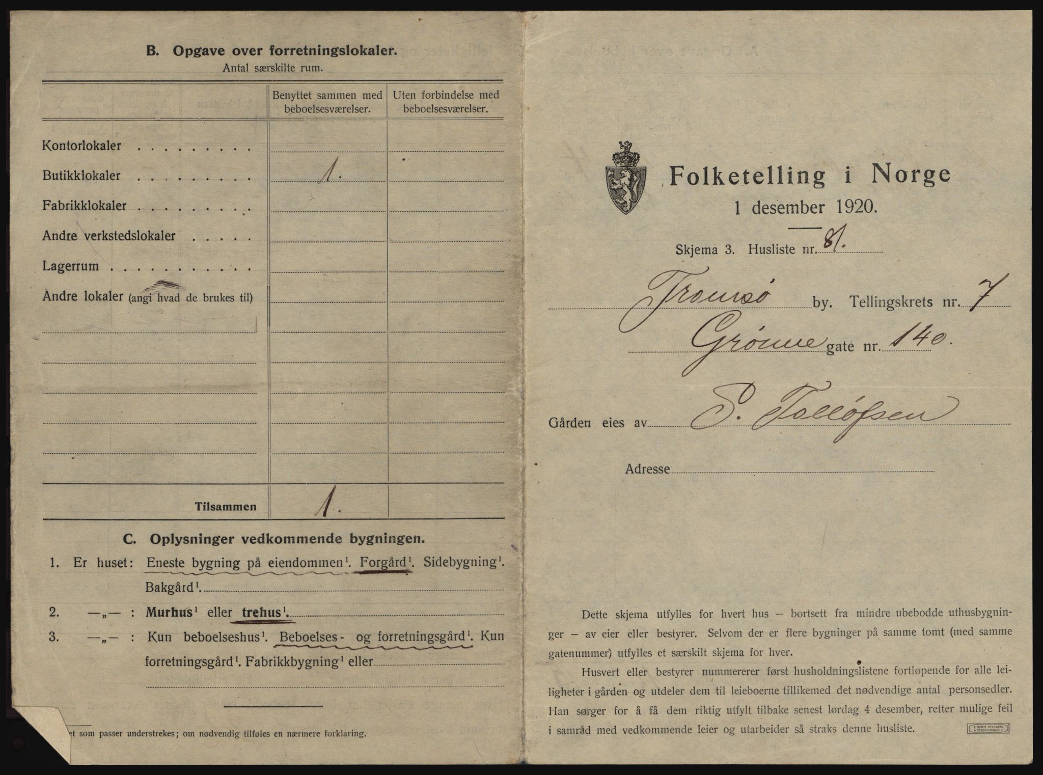 SATØ, 1920 census for Tromsø, 1920, p. 1257