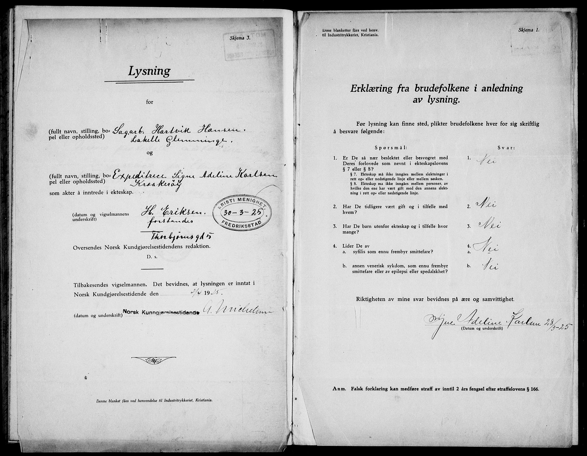 Kristi menighet Oslo , SAO/PAO-0220/D/L0002: Marriage register (dissenter) no. 2, 1920-1936