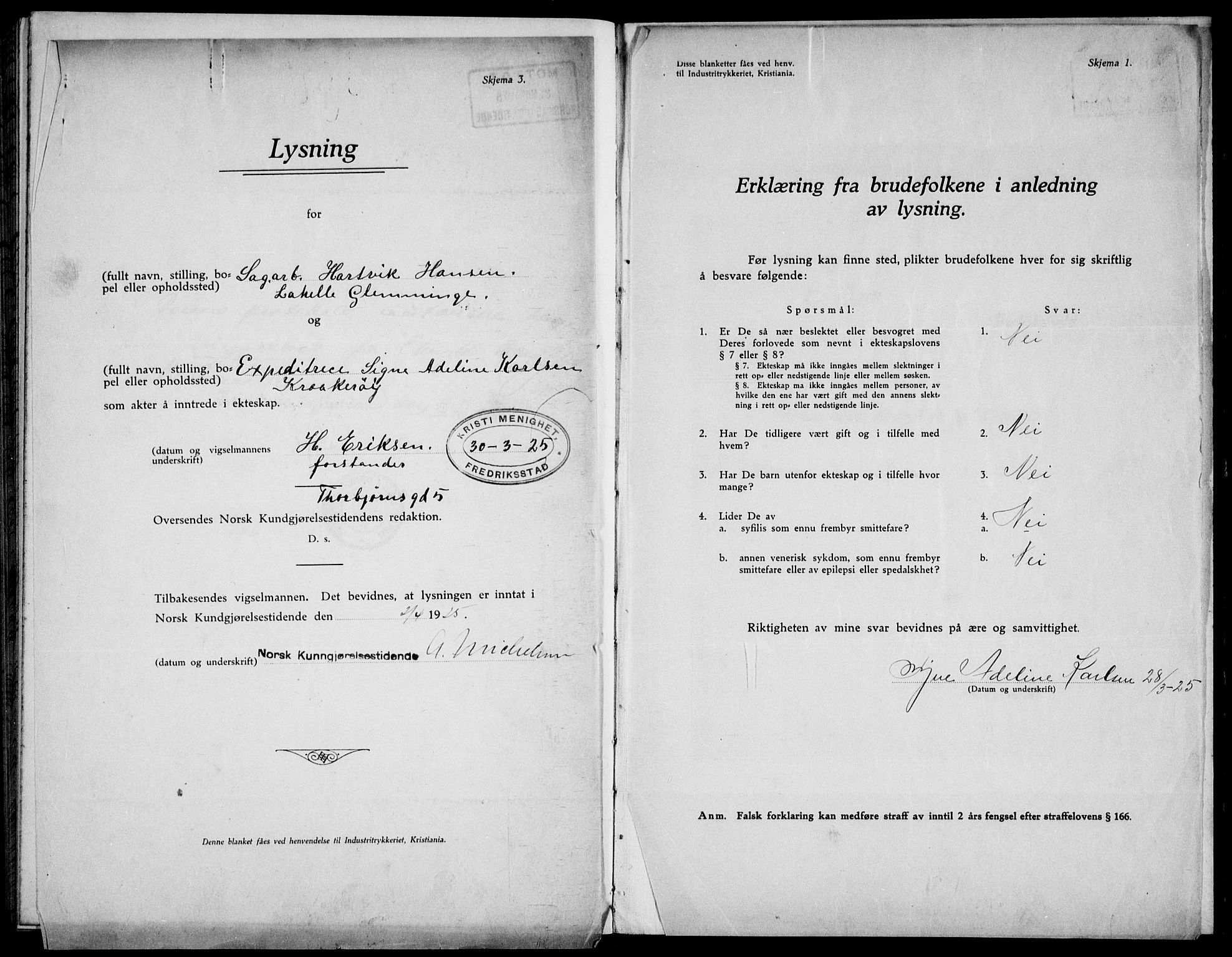 Kristi menighet Oslo , AV/SAO-PAO-0220/D/L0002: Marriage register (dissenter) no. 2, 1920-1936