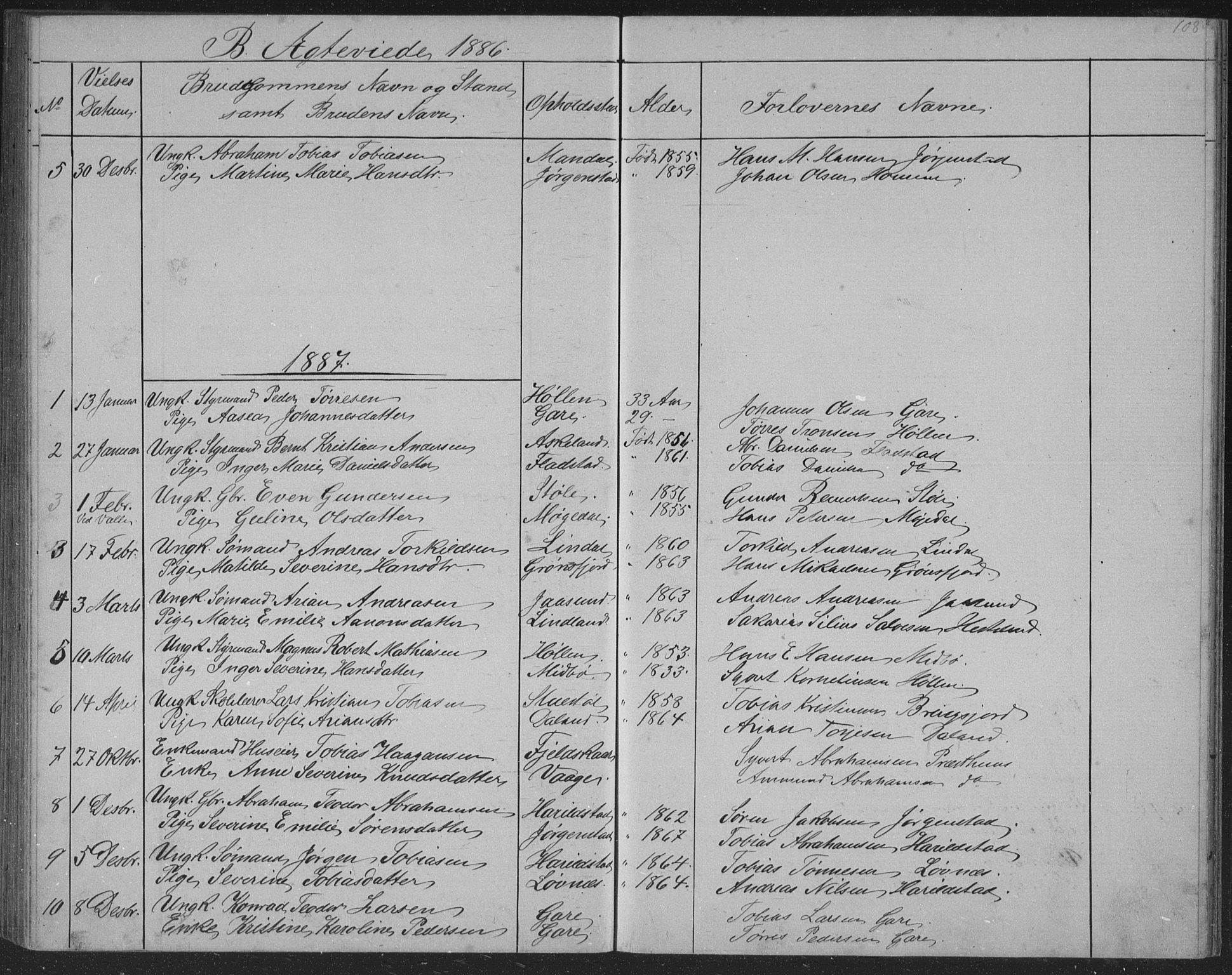 Sør-Audnedal sokneprestkontor, SAK/1111-0039/F/Fb/Fba/L0003: Parish register (copy) no. B 3, 1879-1893, p. 108