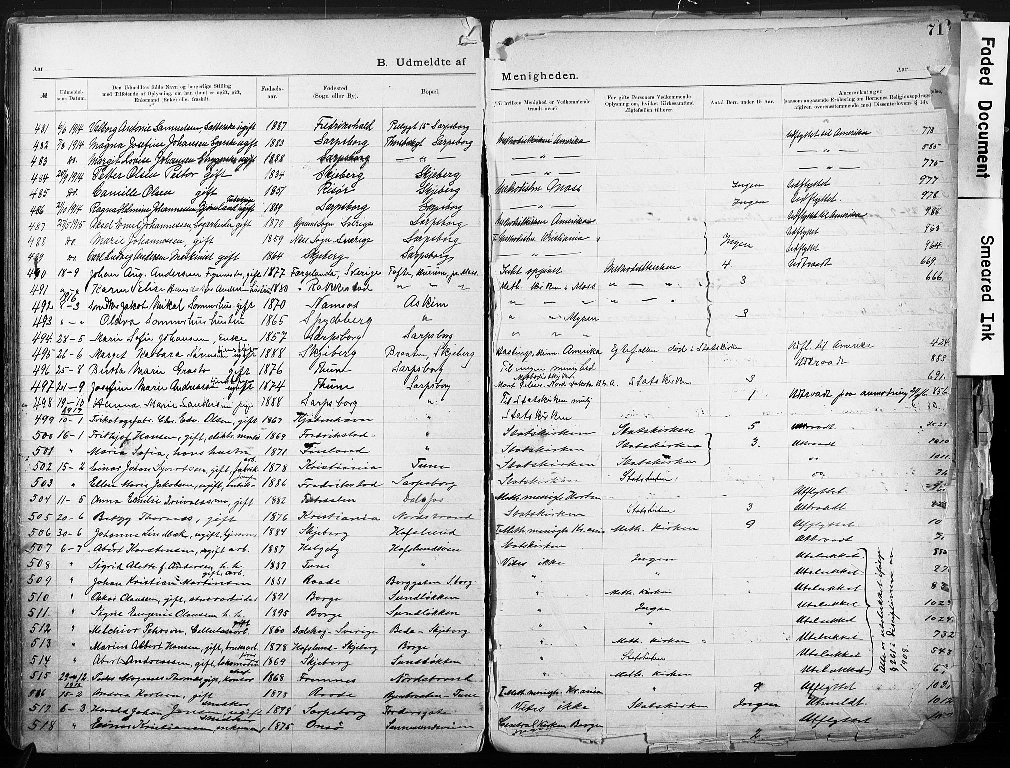 Sarpsborg metodistkirke, SAO/PAO-0233/A/L0004: Dissenter register no. 4, 1892-1923, p. 71