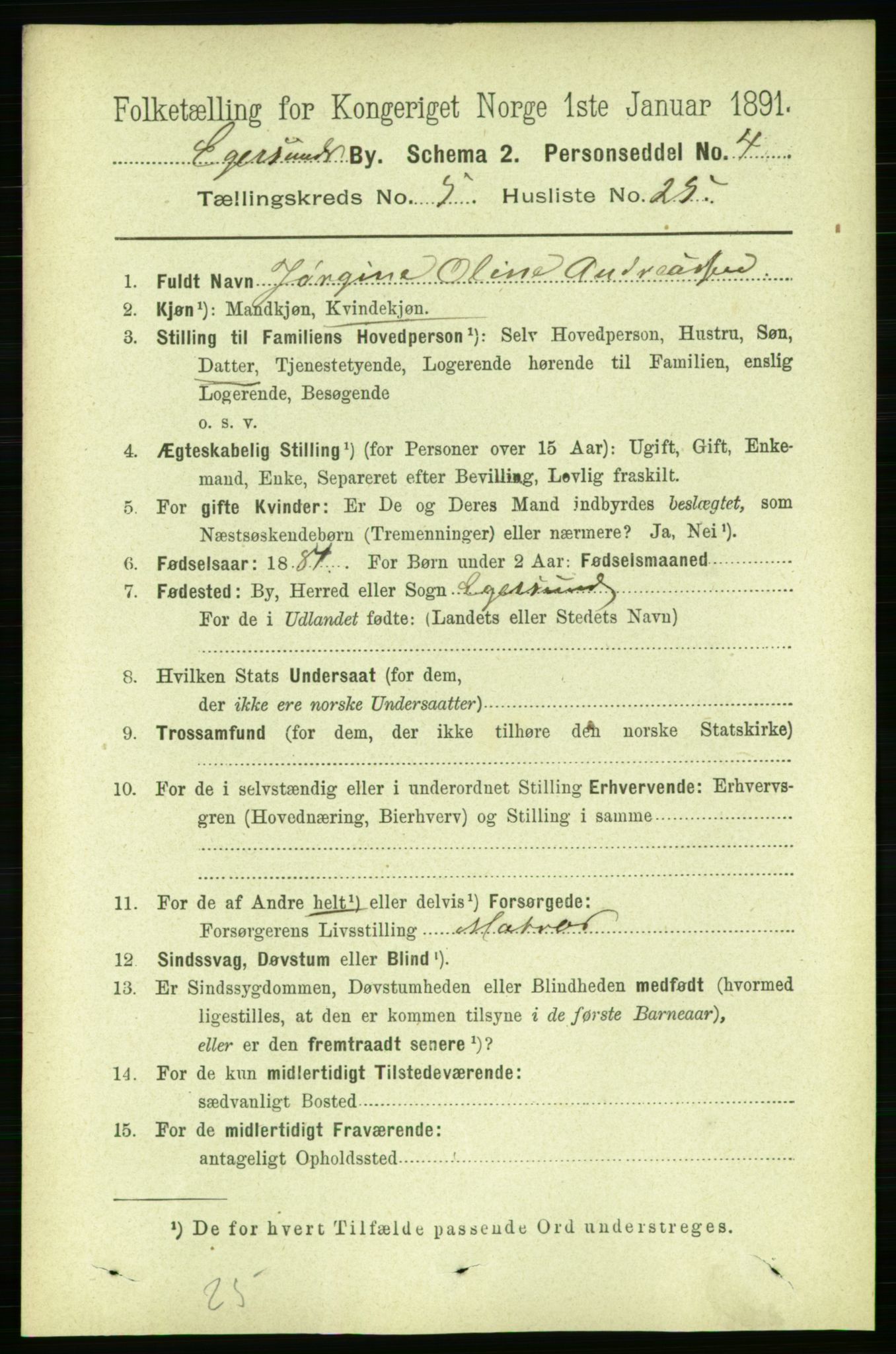 RA, 1891 census for 1101 Egersund, 1891, p. 969