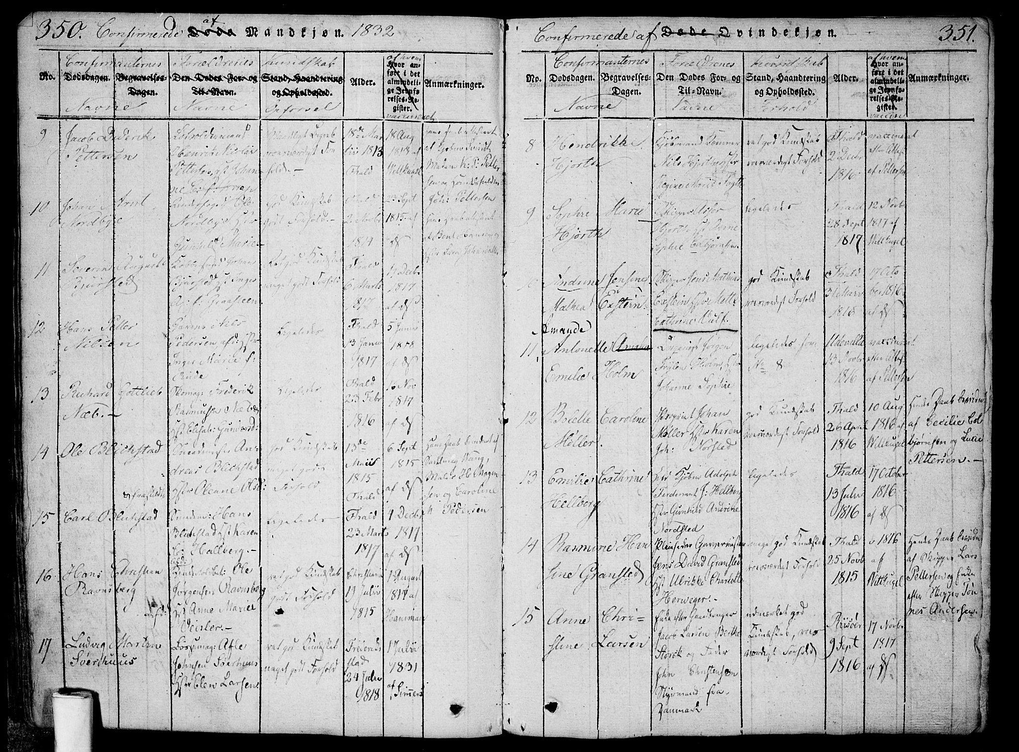 Halden prestekontor Kirkebøker, AV/SAO-A-10909/F/Fa/L0003: Parish register (official) no. I 3, 1815-1834, p. 350-351