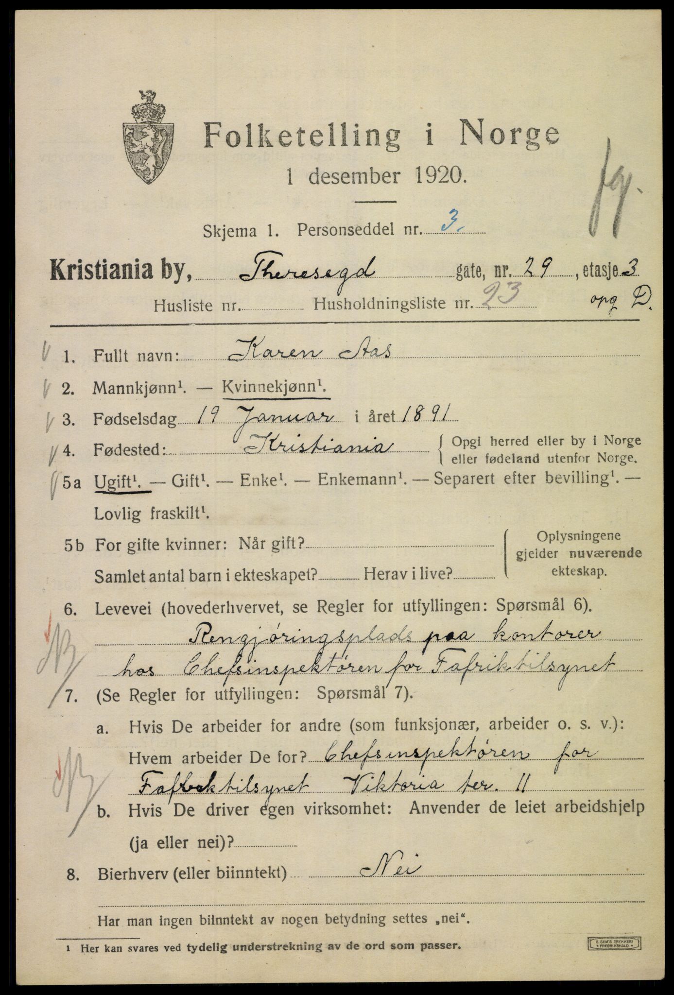 SAO, 1920 census for Kristiania, 1920, p. 569011