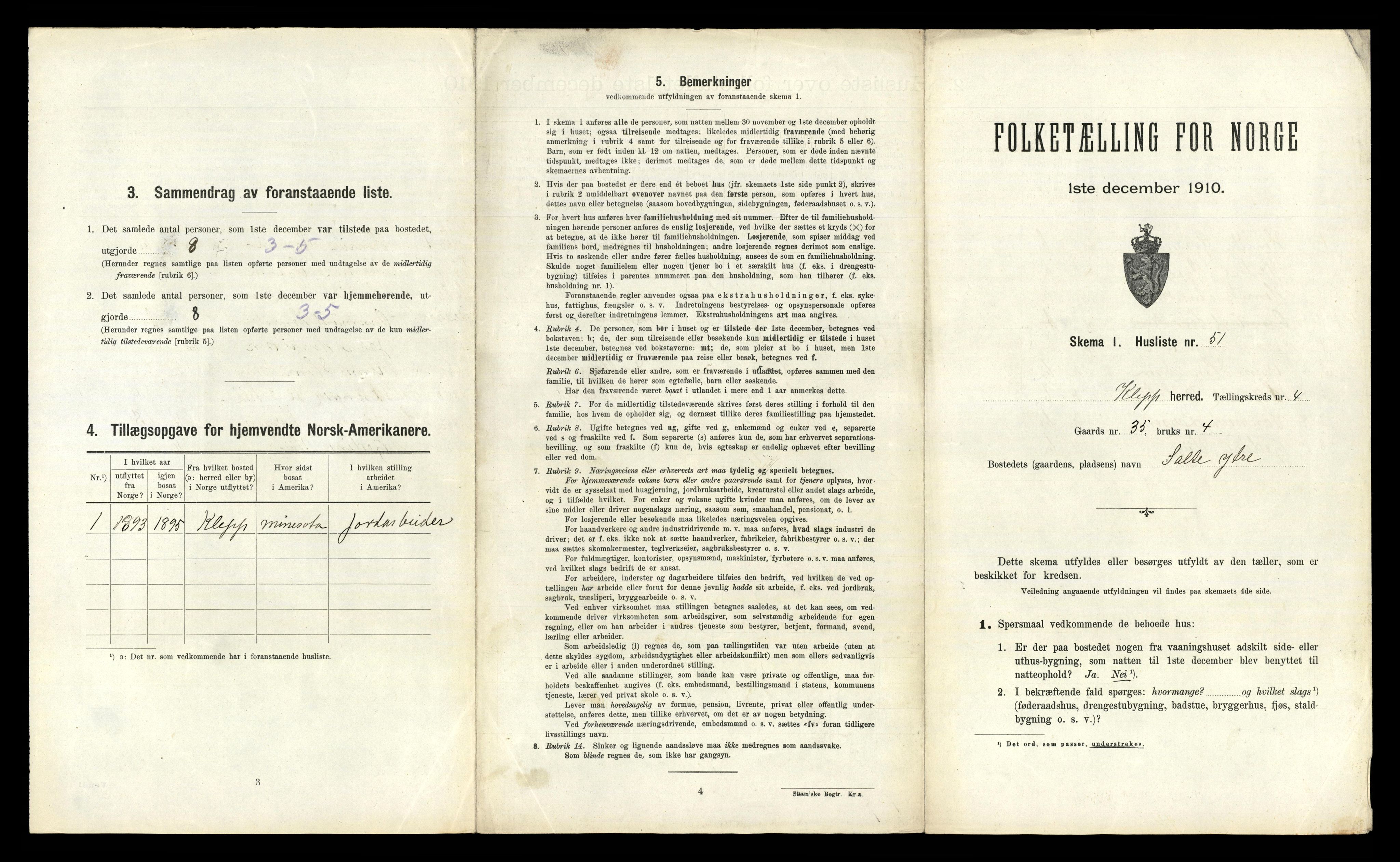 RA, 1910 census for Klepp, 1910, p. 855