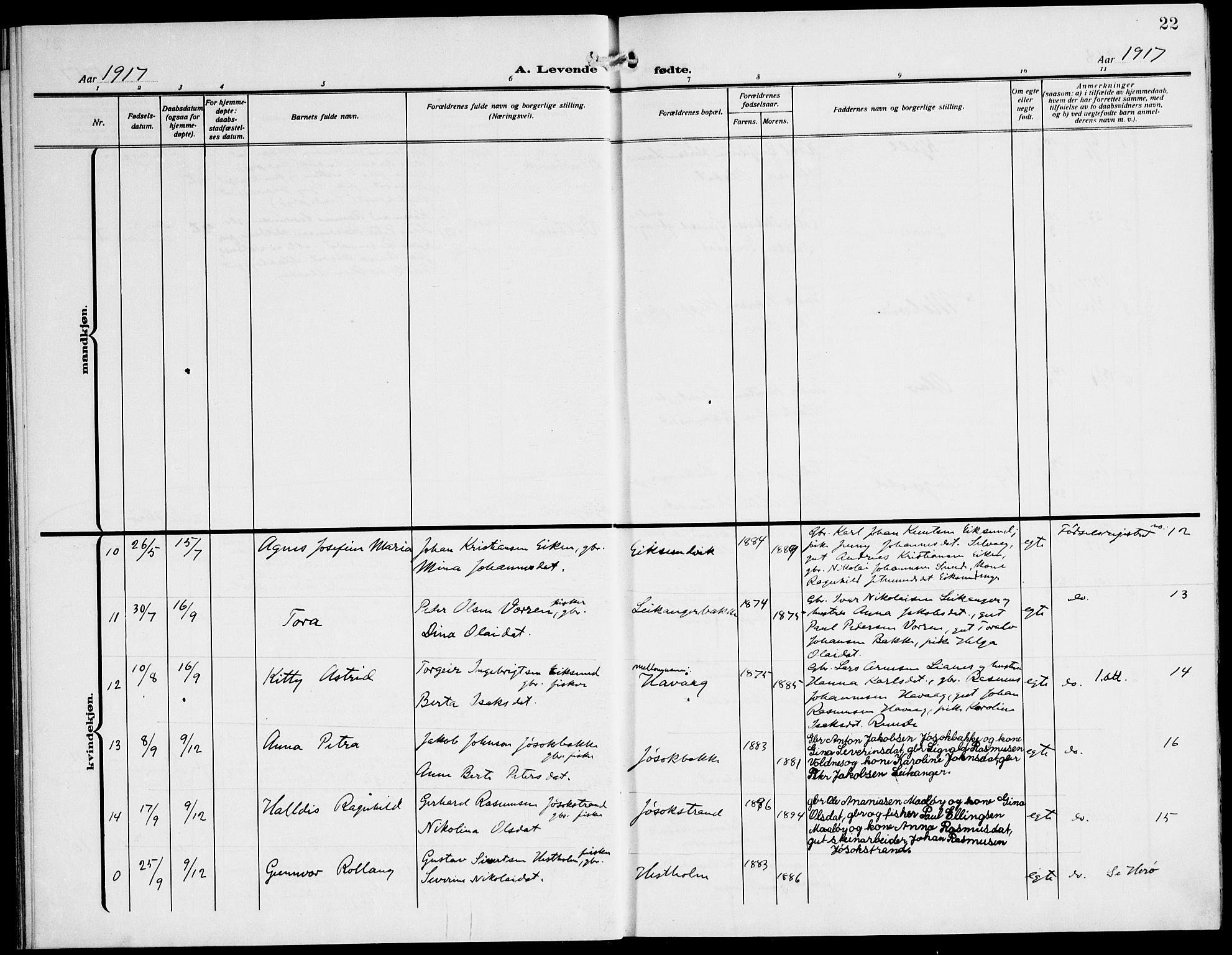 Ministerialprotokoller, klokkerbøker og fødselsregistre - Møre og Romsdal, AV/SAT-A-1454/508/L0096: Parish register (official) no. 508A03, 1911-1920, p. 22