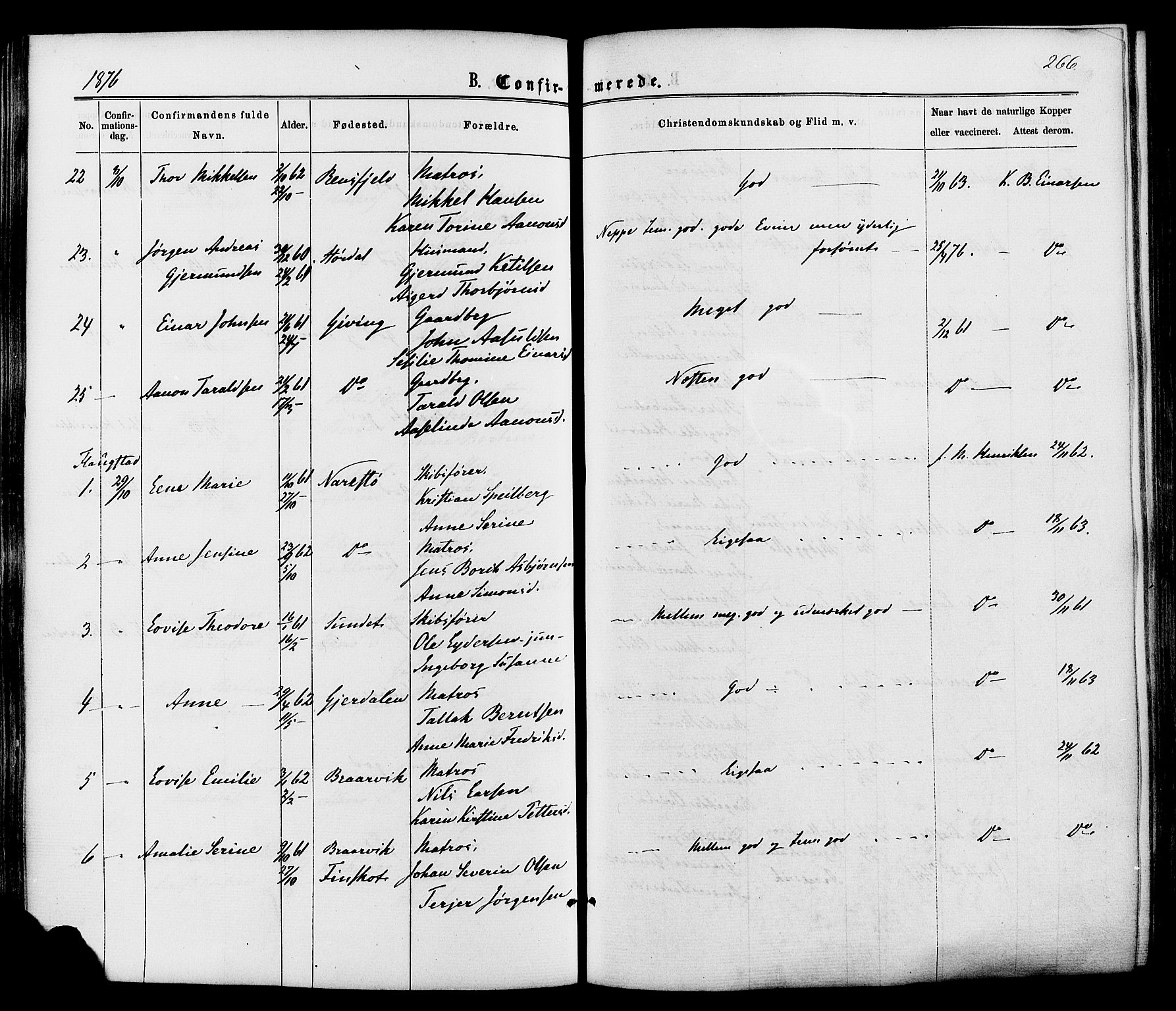 Dypvåg sokneprestkontor, AV/SAK-1111-0007/F/Fa/Faa/L0007: Parish register (official) no. A 7/ 1, 1872-1884, p. 266