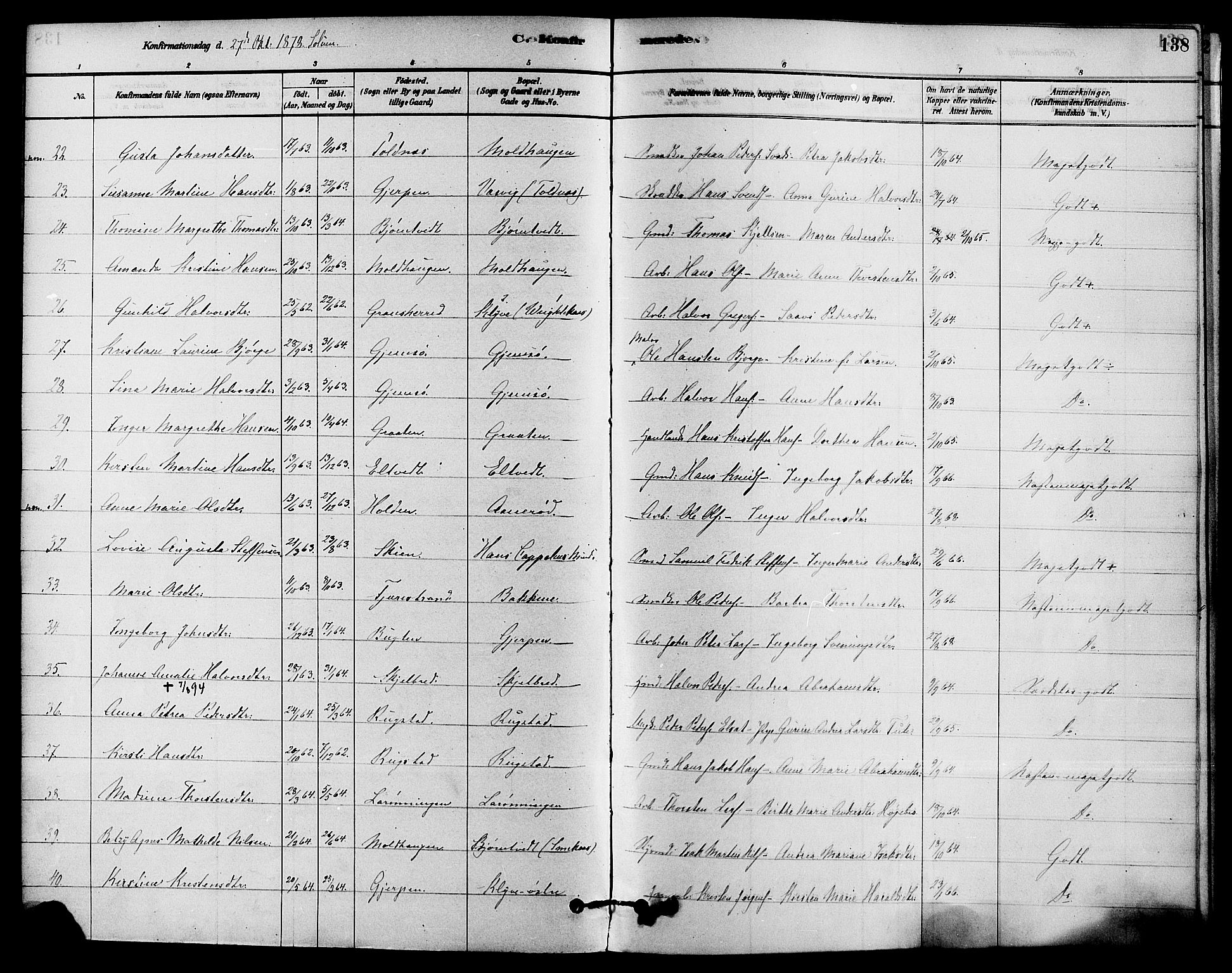 Solum kirkebøker, AV/SAKO-A-306/F/Fa/L0009: Parish register (official) no. I 9, 1877-1887, p. 138