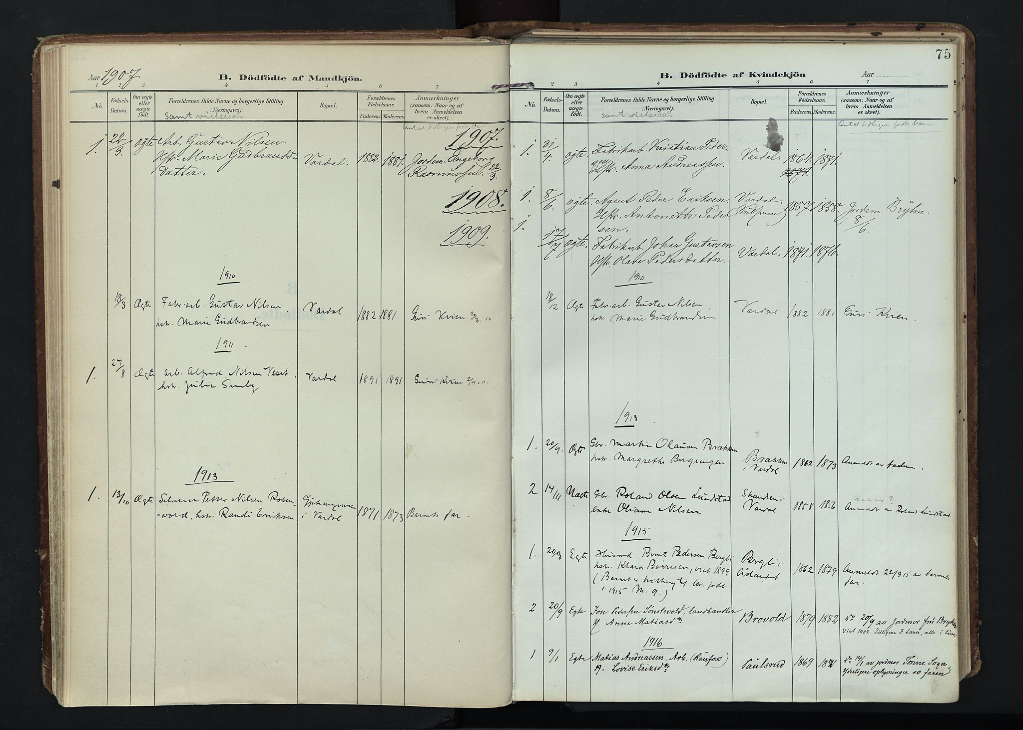 Vardal prestekontor, SAH/PREST-100/H/Ha/Haa/L0020: Parish register (official) no. 20, 1907-1921, p. 75