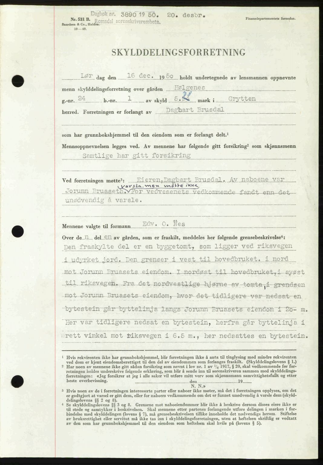 Romsdal sorenskriveri, AV/SAT-A-4149/1/2/2C: Mortgage book no. A35, 1950-1950, Diary no: : 3890/1950