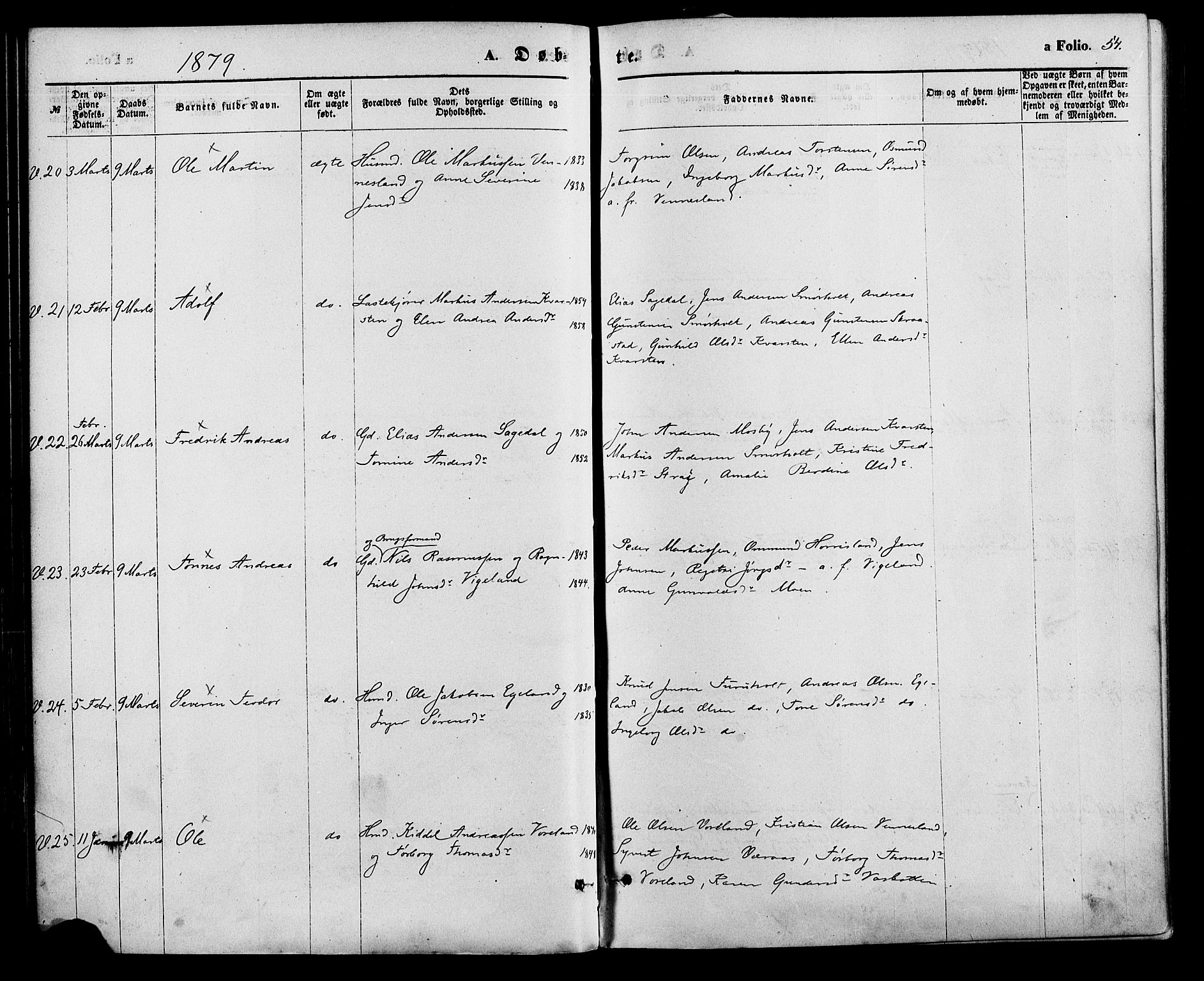 Vennesla sokneprestkontor, AV/SAK-1111-0045/Fa/Fac/L0008: Parish register (official) no. A 8, 1874-1883, p. 54