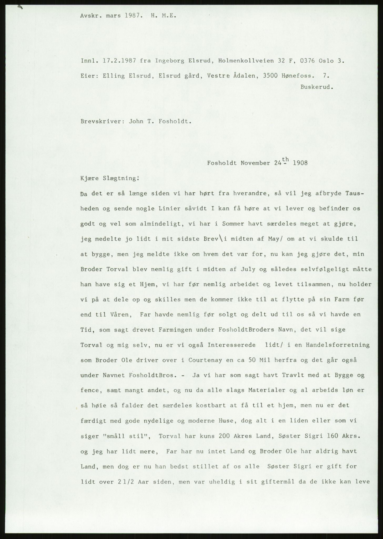 Samlinger til kildeutgivelse, Amerikabrevene, AV/RA-EA-4057/F/L0018: Innlån fra Buskerud: Elsrud, 1838-1914, p. 899