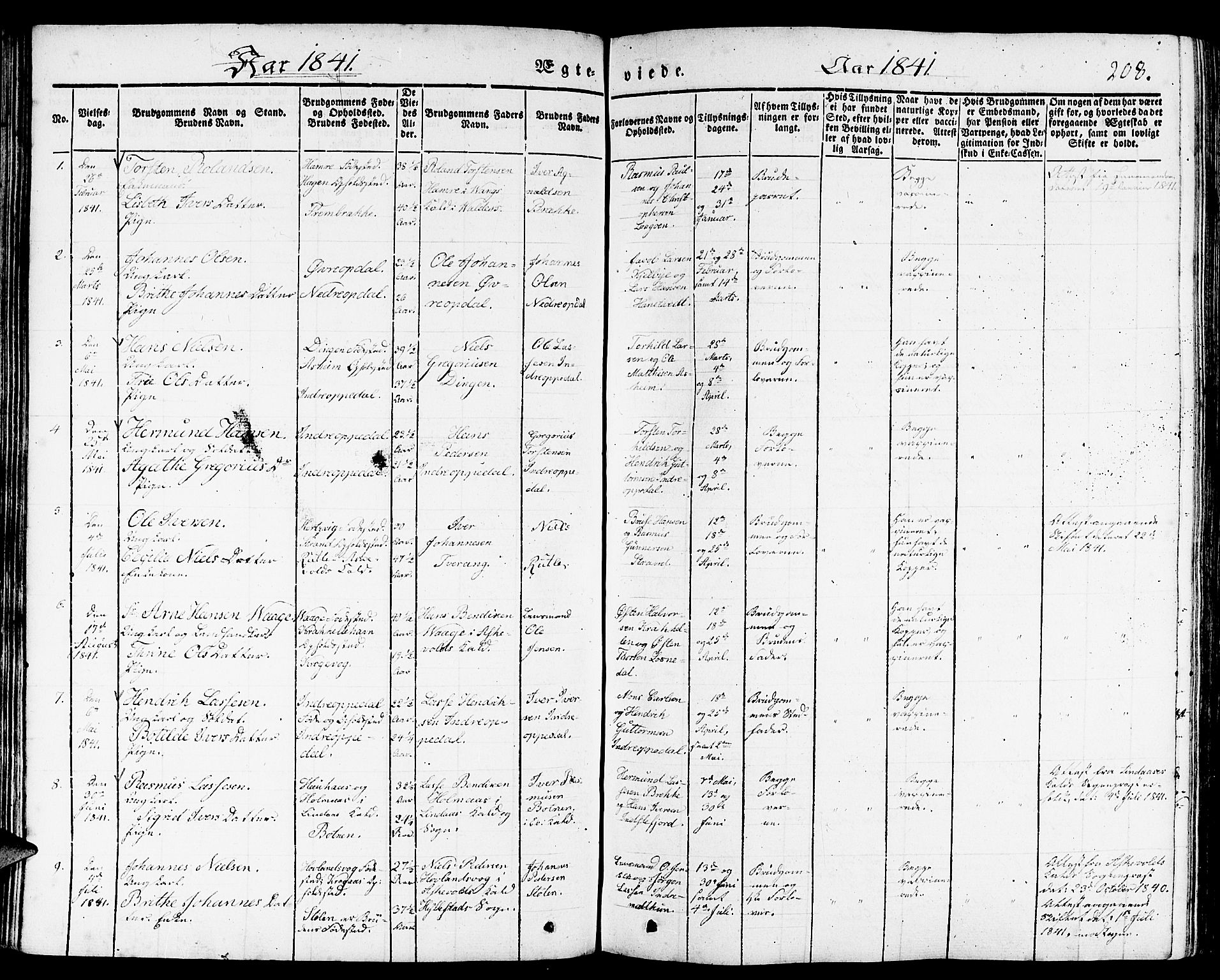 Gulen sokneprestembete, SAB/A-80201/H/Haa/Haaa/L0020: Parish register (official) no. A 20, 1837-1847, p. 208