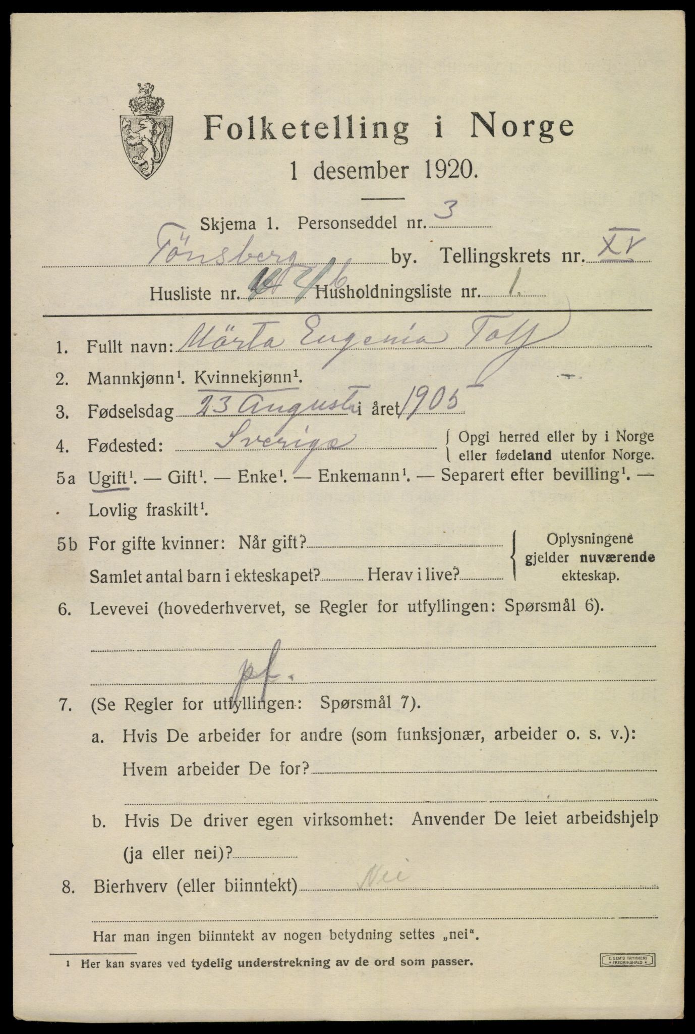 SAKO, 1920 census for Tønsberg, 1920, p. 24511