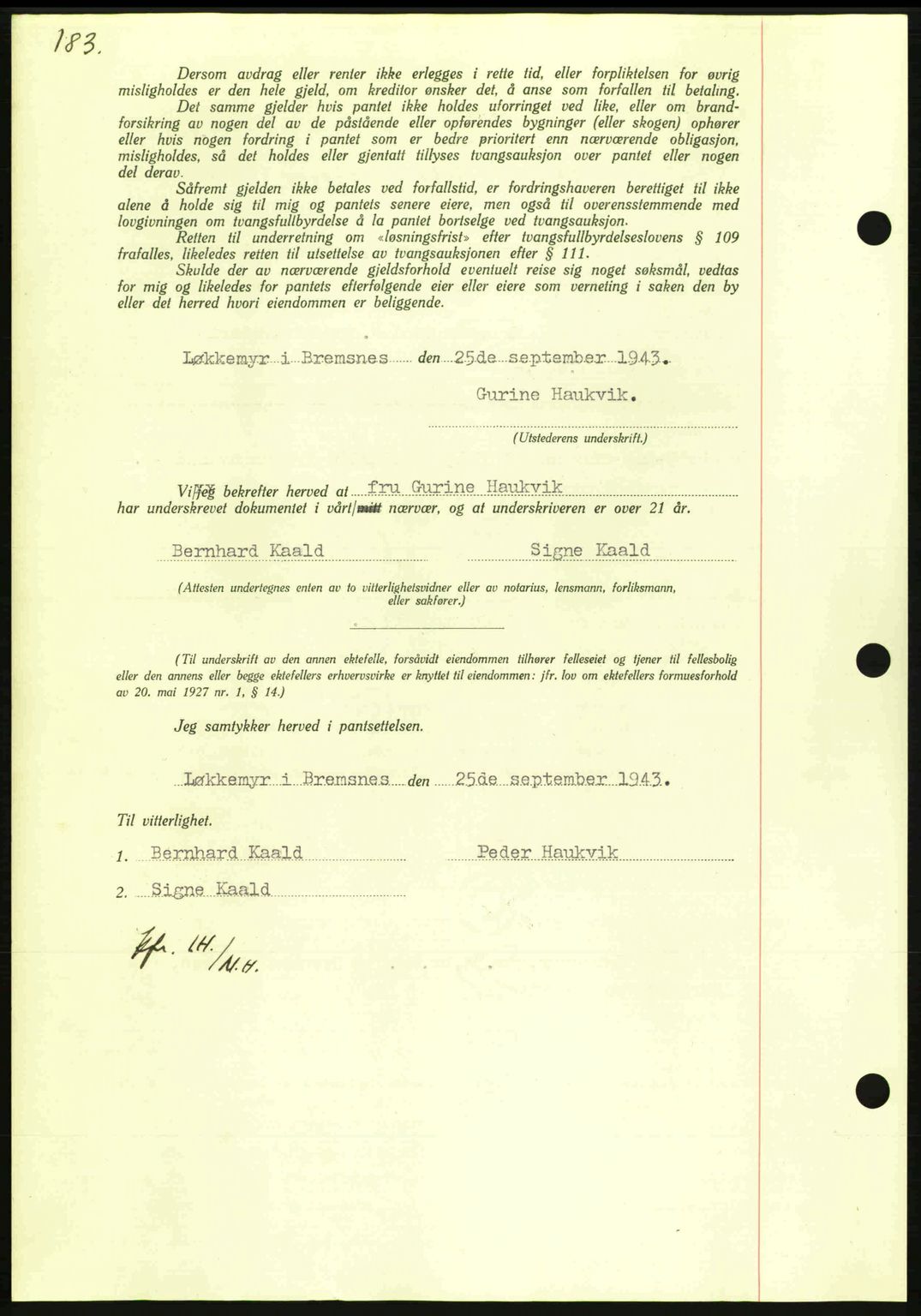 Nordmøre sorenskriveri, AV/SAT-A-4132/1/2/2Ca: Mortgage book no. B91, 1943-1944, Diary no: : 2054/1943