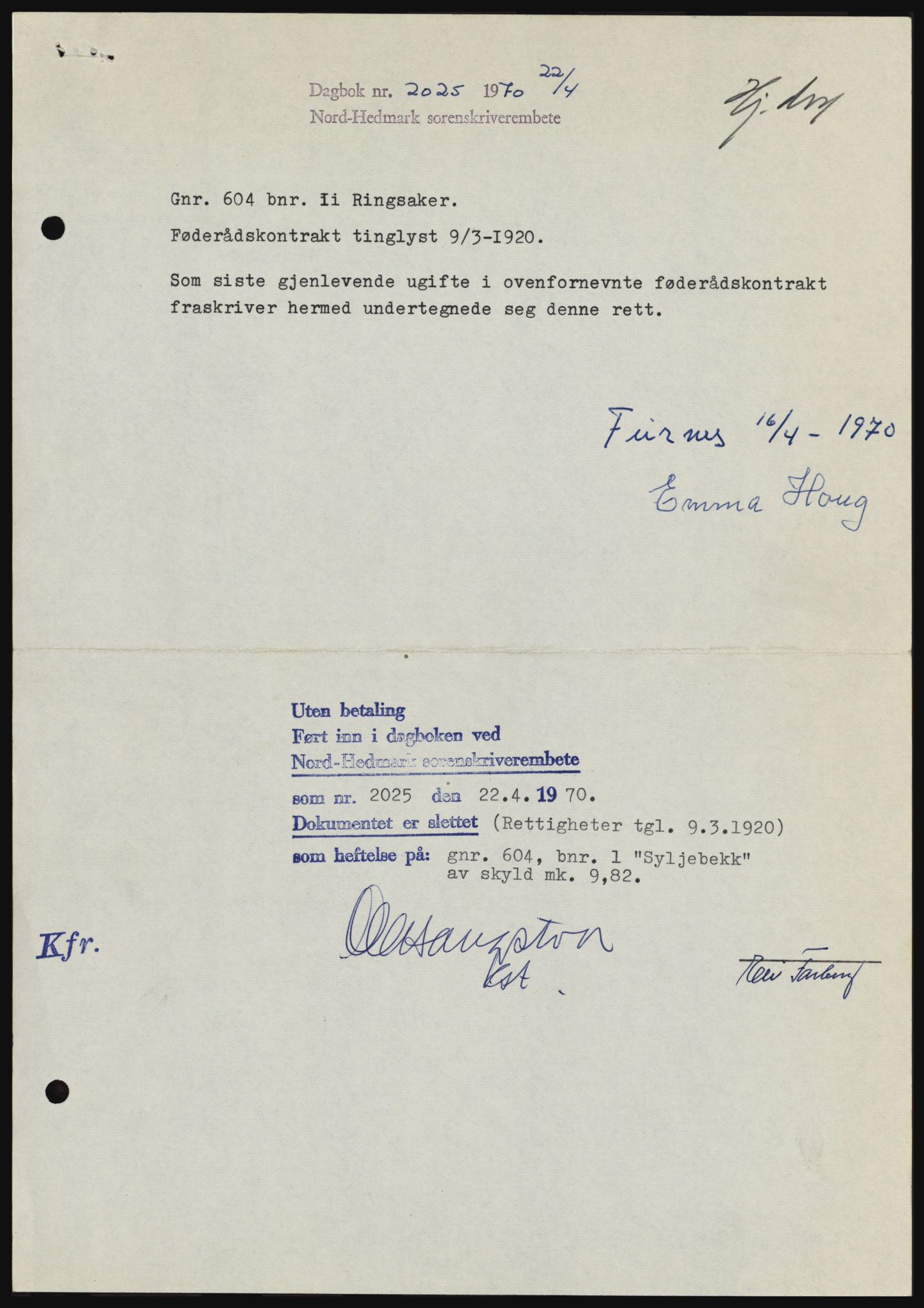 Nord-Hedmark sorenskriveri, SAH/TING-012/H/Hc/L0033: Mortgage book no. 33, 1970-1970, Diary no: : 2025/1970
