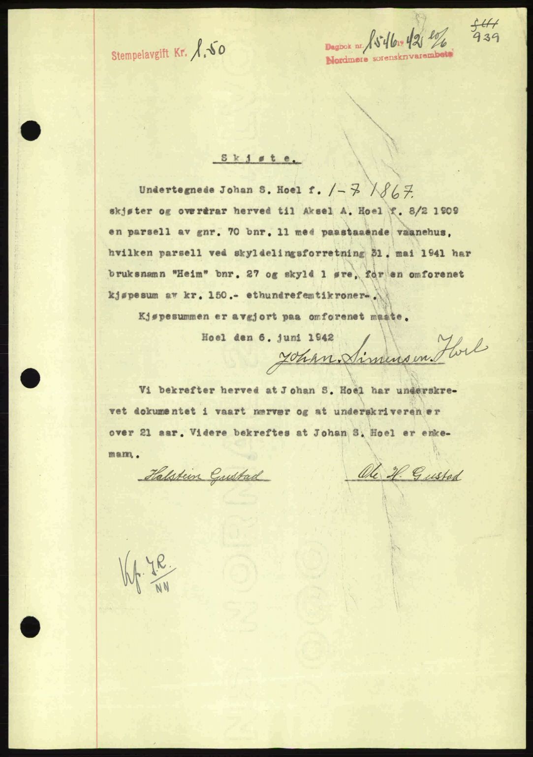 Nordmøre sorenskriveri, AV/SAT-A-4132/1/2/2Ca: Mortgage book no. A92, 1942-1942, Diary no: : 1546/1942