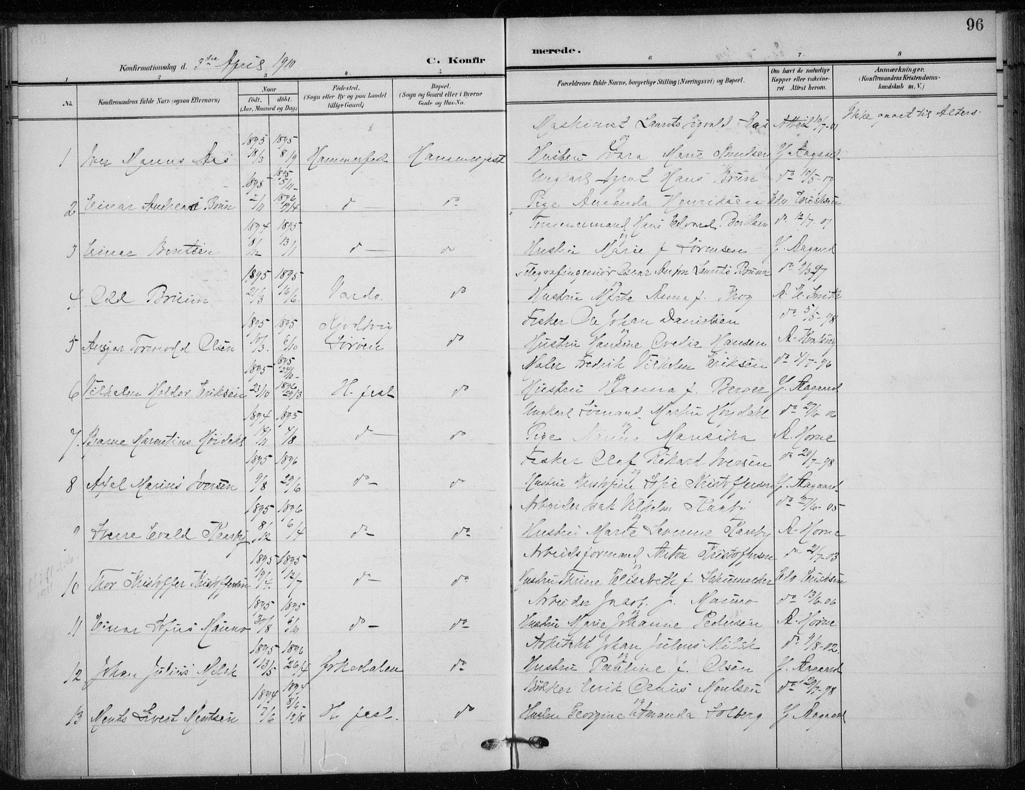 Hammerfest sokneprestkontor, SATØ/S-1347/H/Ha/L0014.kirke: Parish register (official) no. 14, 1906-1916, p. 96
