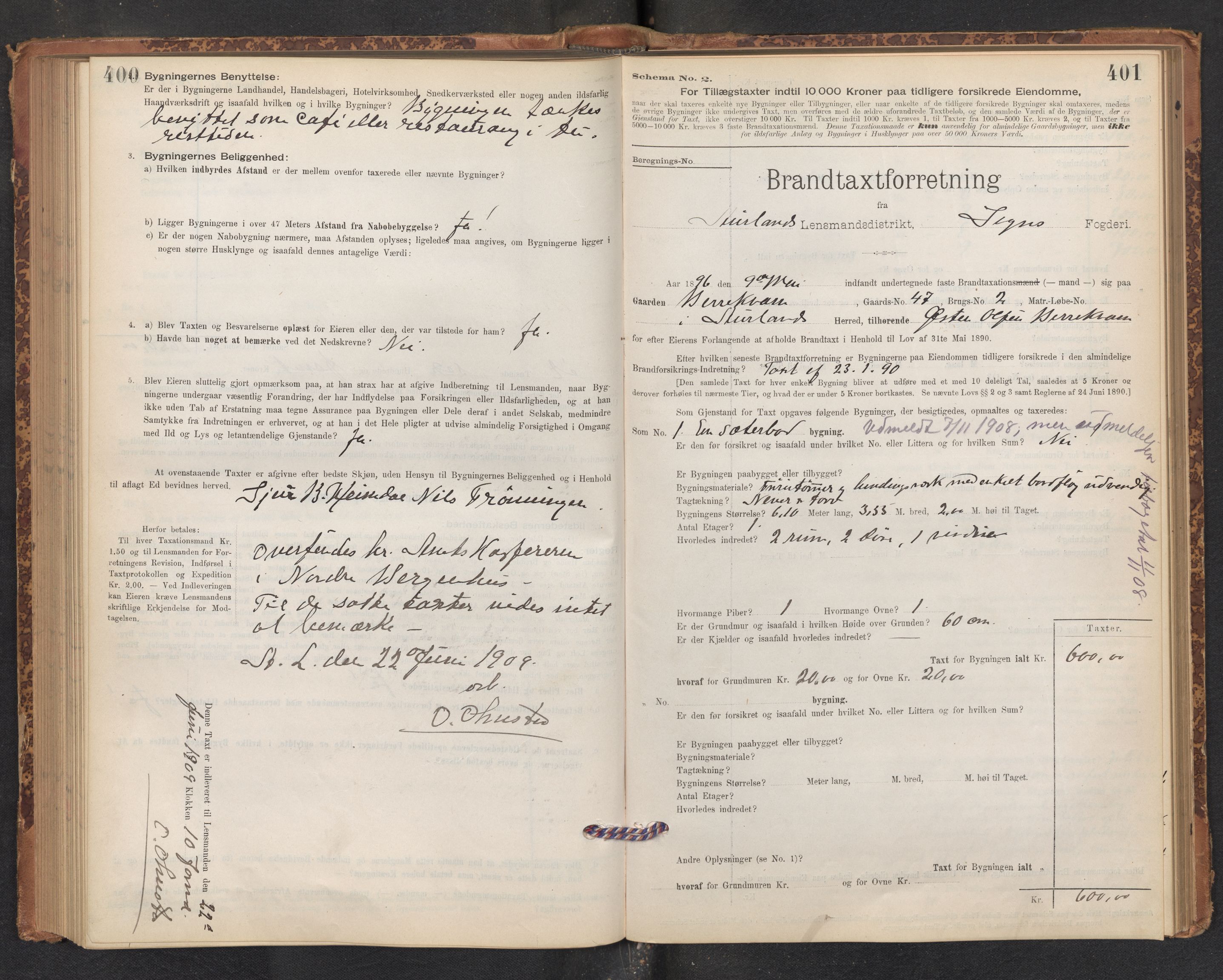 Lensmannen i Aurland, SAB/A-26401/0012/L0004: Branntakstprotokoll, skjematakst, 1895-1911, p. 400-401