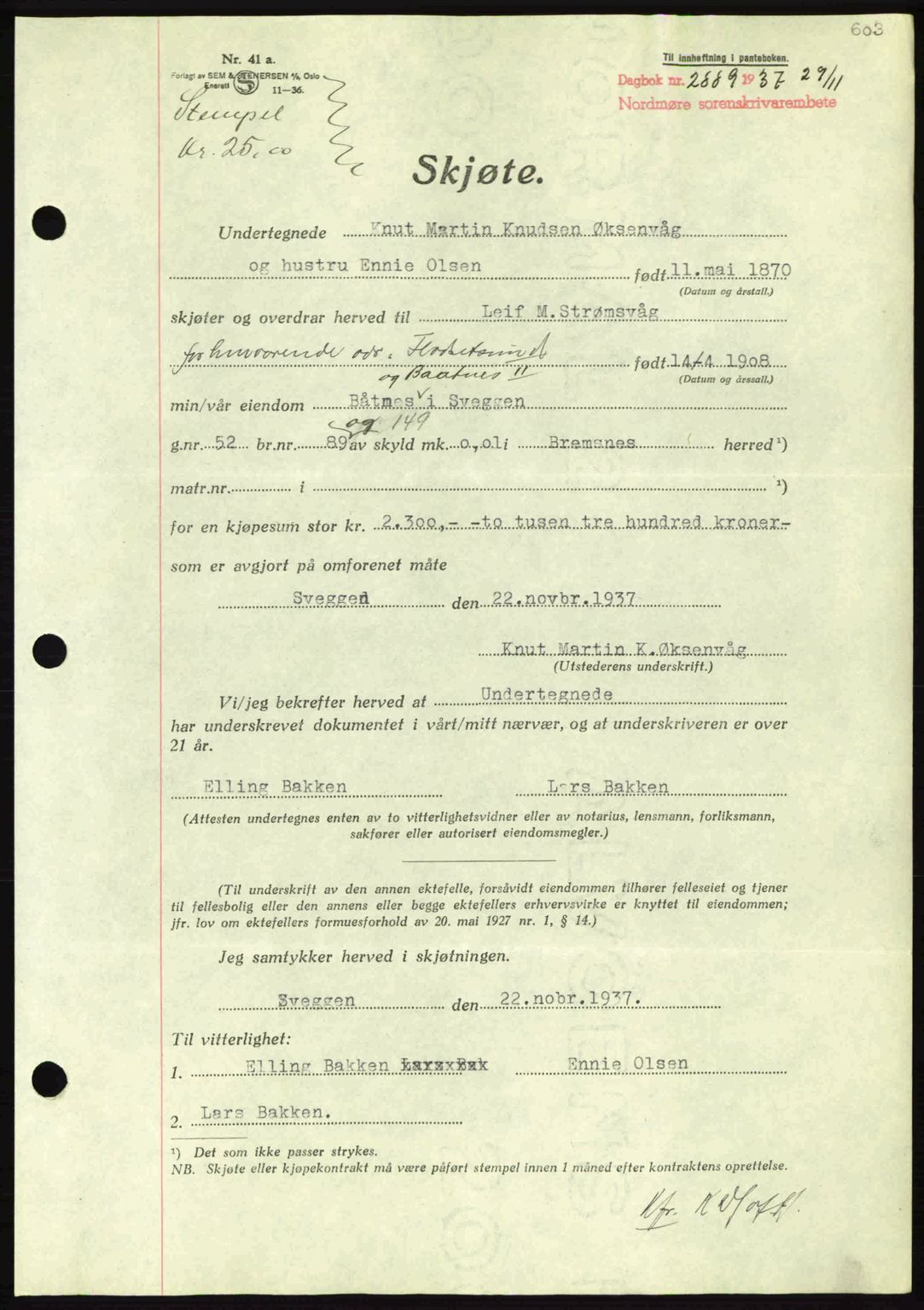 Nordmøre sorenskriveri, AV/SAT-A-4132/1/2/2Ca: Mortgage book no. A82, 1937-1938, Diary no: : 2889/1937