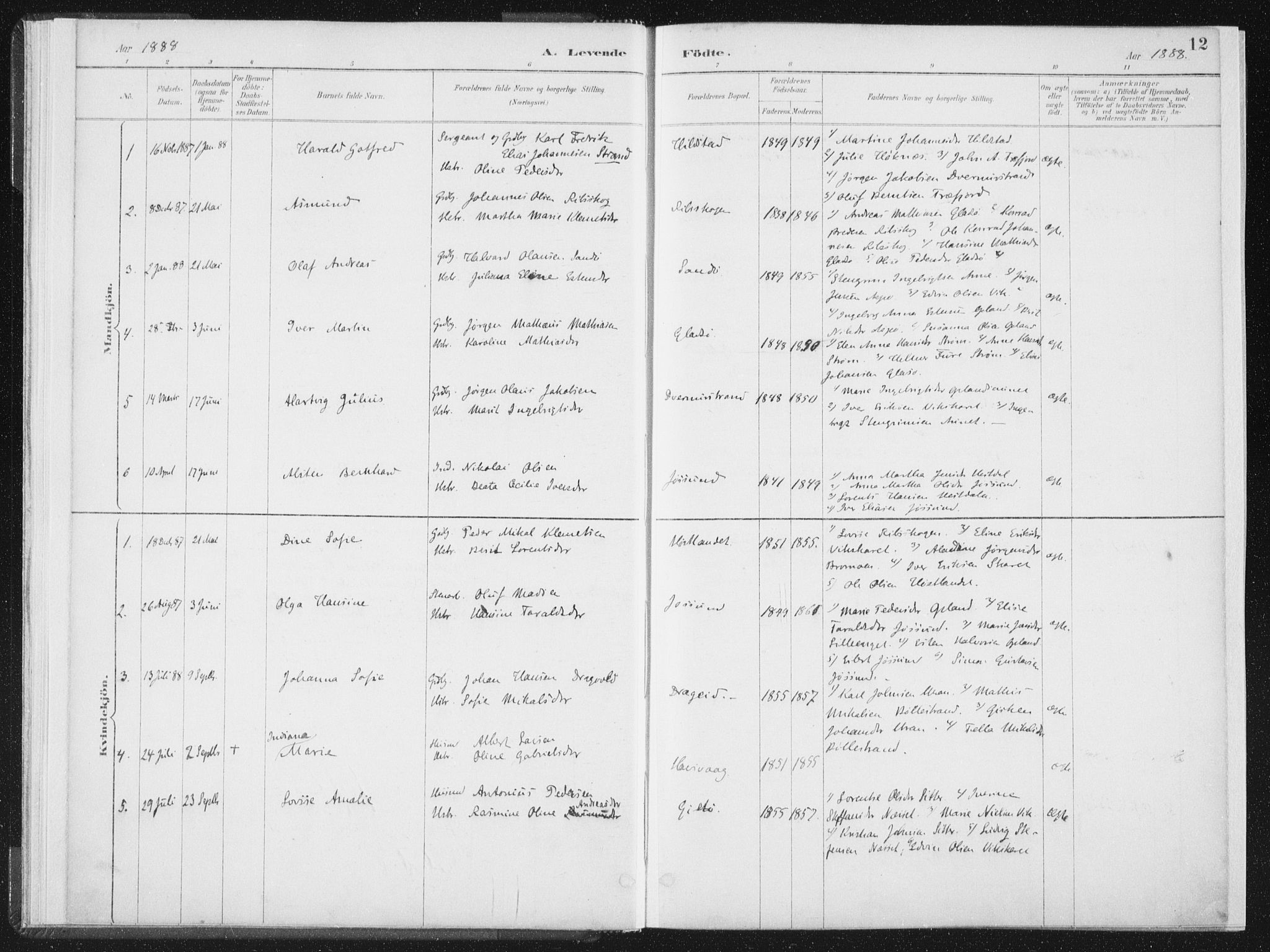 Ministerialprotokoller, klokkerbøker og fødselsregistre - Nord-Trøndelag, SAT/A-1458/771/L0597: Parish register (official) no. 771A04, 1885-1910, p. 12