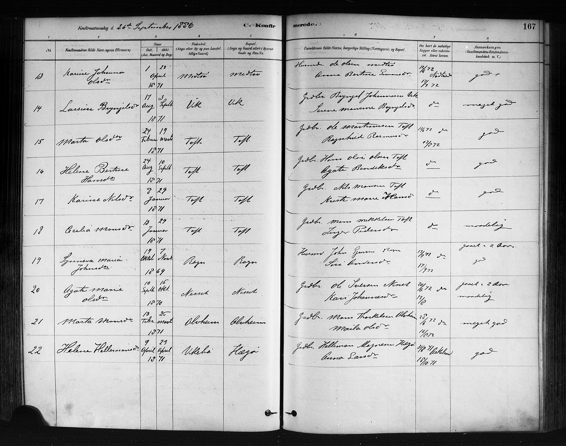 Herdla Sokneprestembete, AV/SAB-A-75701/H/Haa: Parish register (official) no. A 3, 1878-1890, p. 167