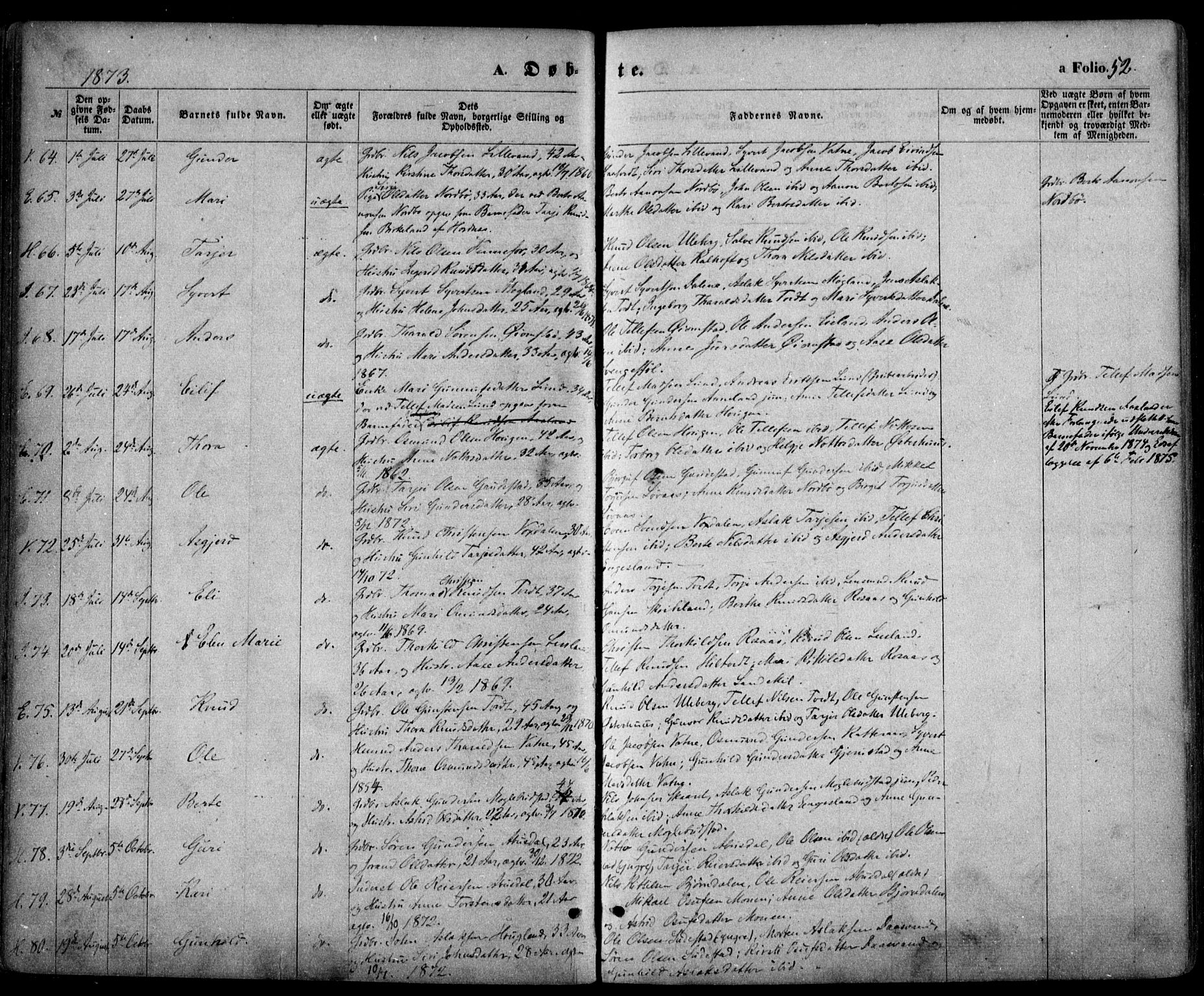 Evje sokneprestkontor, AV/SAK-1111-0008/F/Fa/Faa/L0006: Parish register (official) no. A 6, 1866-1884, p. 52