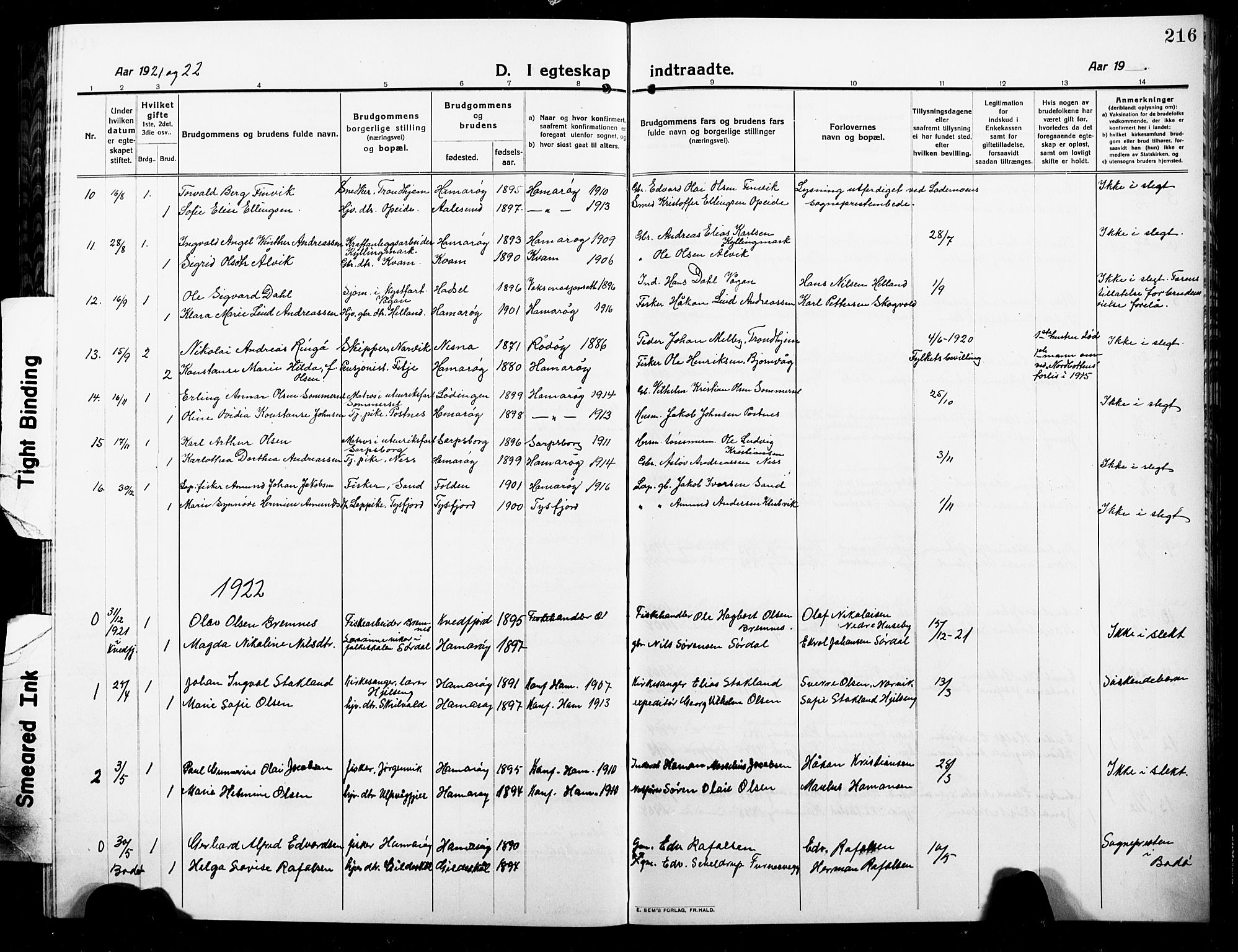 Ministerialprotokoller, klokkerbøker og fødselsregistre - Nordland, AV/SAT-A-1459/859/L0861: Parish register (copy) no. 859C07, 1910-1925, p. 216