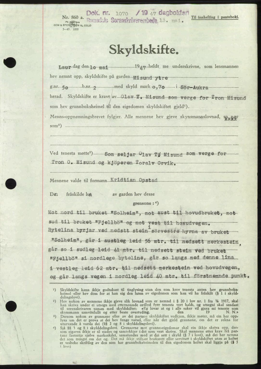 Romsdal sorenskriveri, AV/SAT-A-4149/1/2/2C: Mortgage book no. A23, 1947-1947, Diary no: : 1070/1947