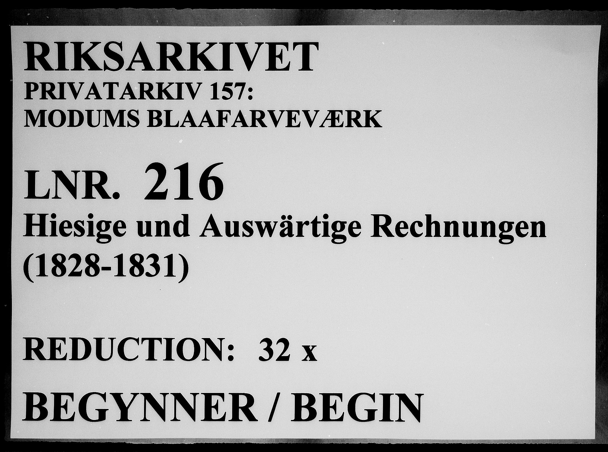 Modums Blaafarveværk, RA/PA-0157/G/Gd/Gdc/L0216/0001: -- / Hiesige und Auswartige Rechnungen, 1828-1831, p. 1