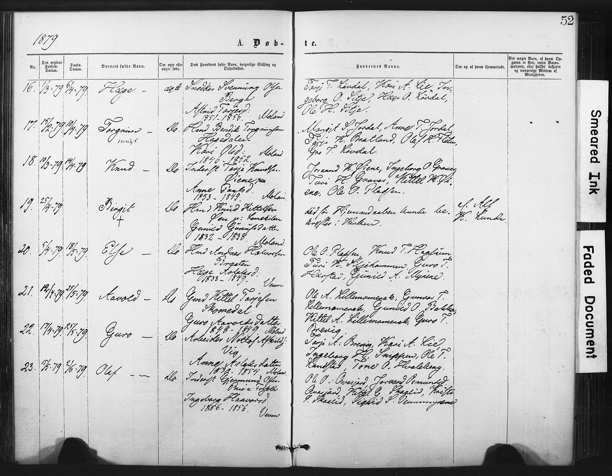 Fyresdal kirkebøker, SAKO/A-263/F/Fa/L0006: Parish register (official) no. I 6, 1872-1886, p. 52