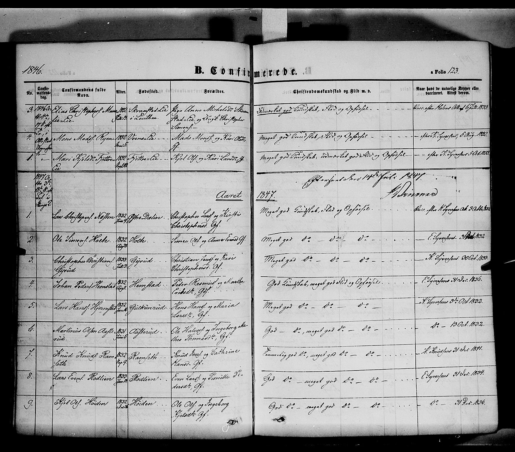 Stange prestekontor, SAH/PREST-002/K/L0011: Parish register (official) no. 11, 1846-1852, p. 123
