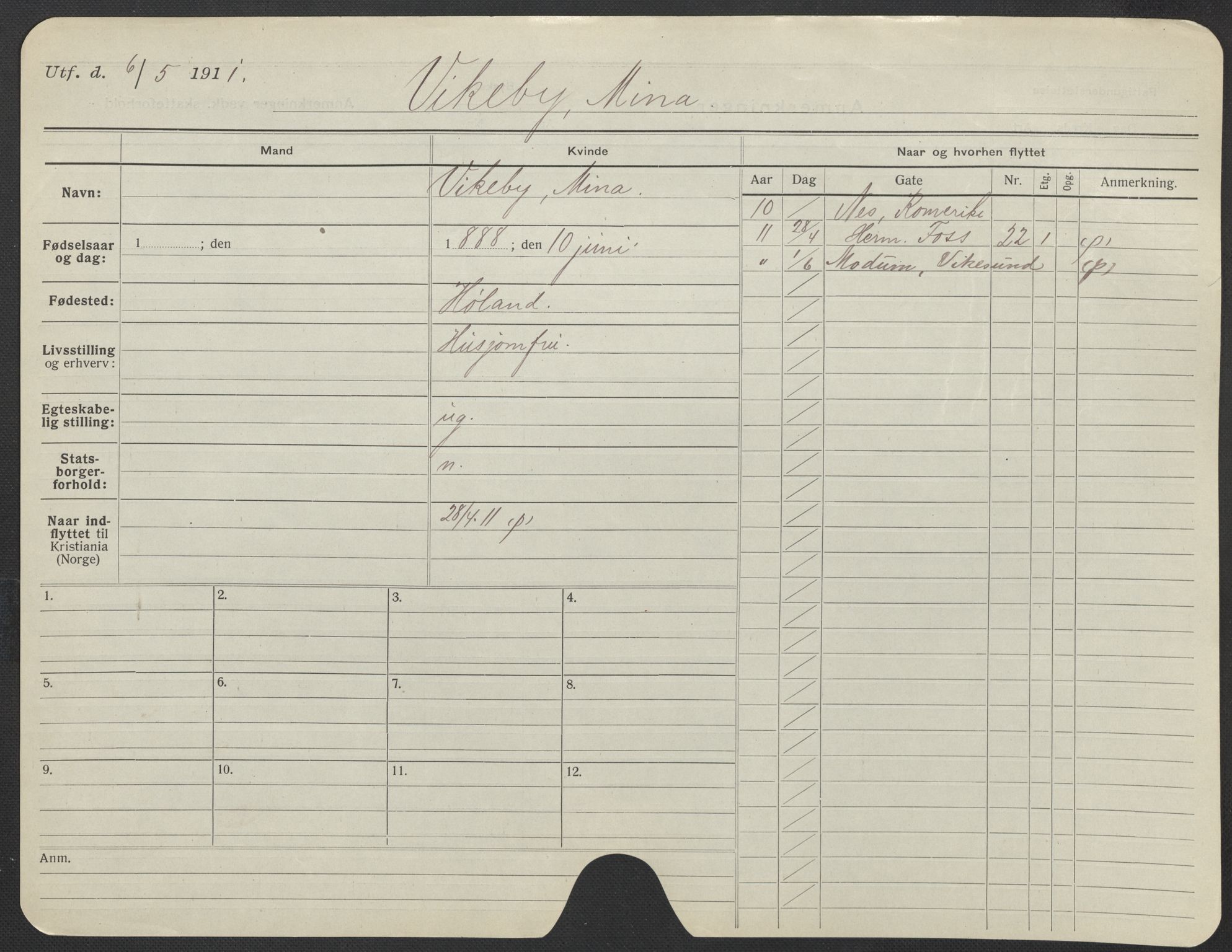 Oslo folkeregister, Registerkort, AV/SAO-A-11715/F/Fa/Fac/L0025: Kvinner, 1906-1914, p. 801a