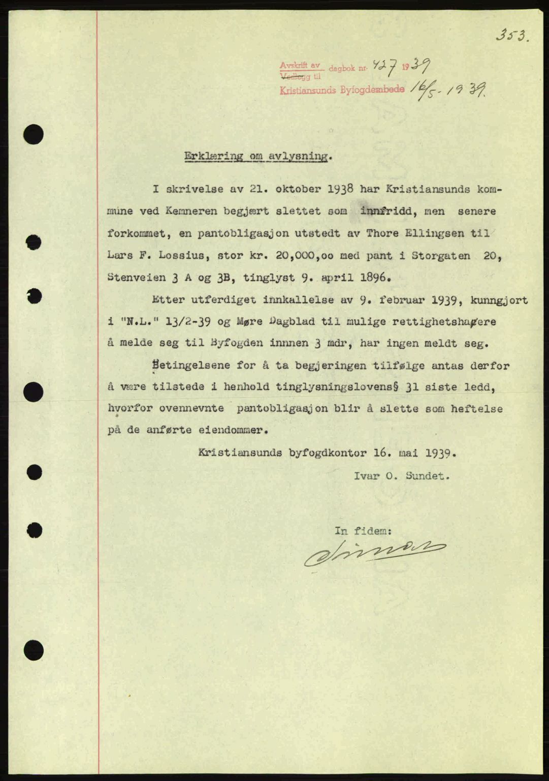 Kristiansund byfogd, SAT/A-4587/A/27: Mortgage book no. 31, 1938-1939, Diary no: : 427/1939
