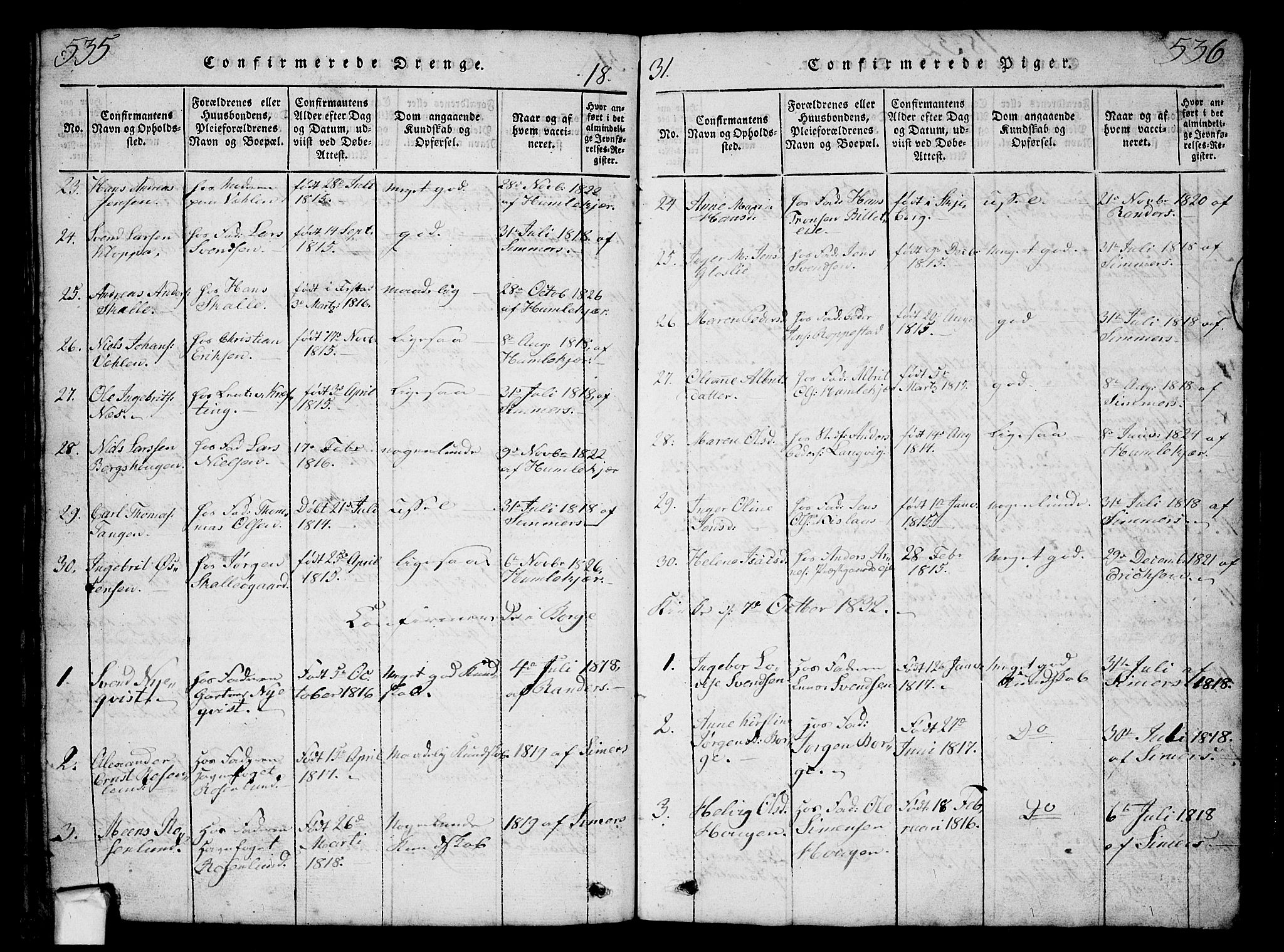 Borge prestekontor Kirkebøker, AV/SAO-A-10903/G/Ga/L0001: Parish register (copy) no.  I 1, 1815-1835, p. 535-536