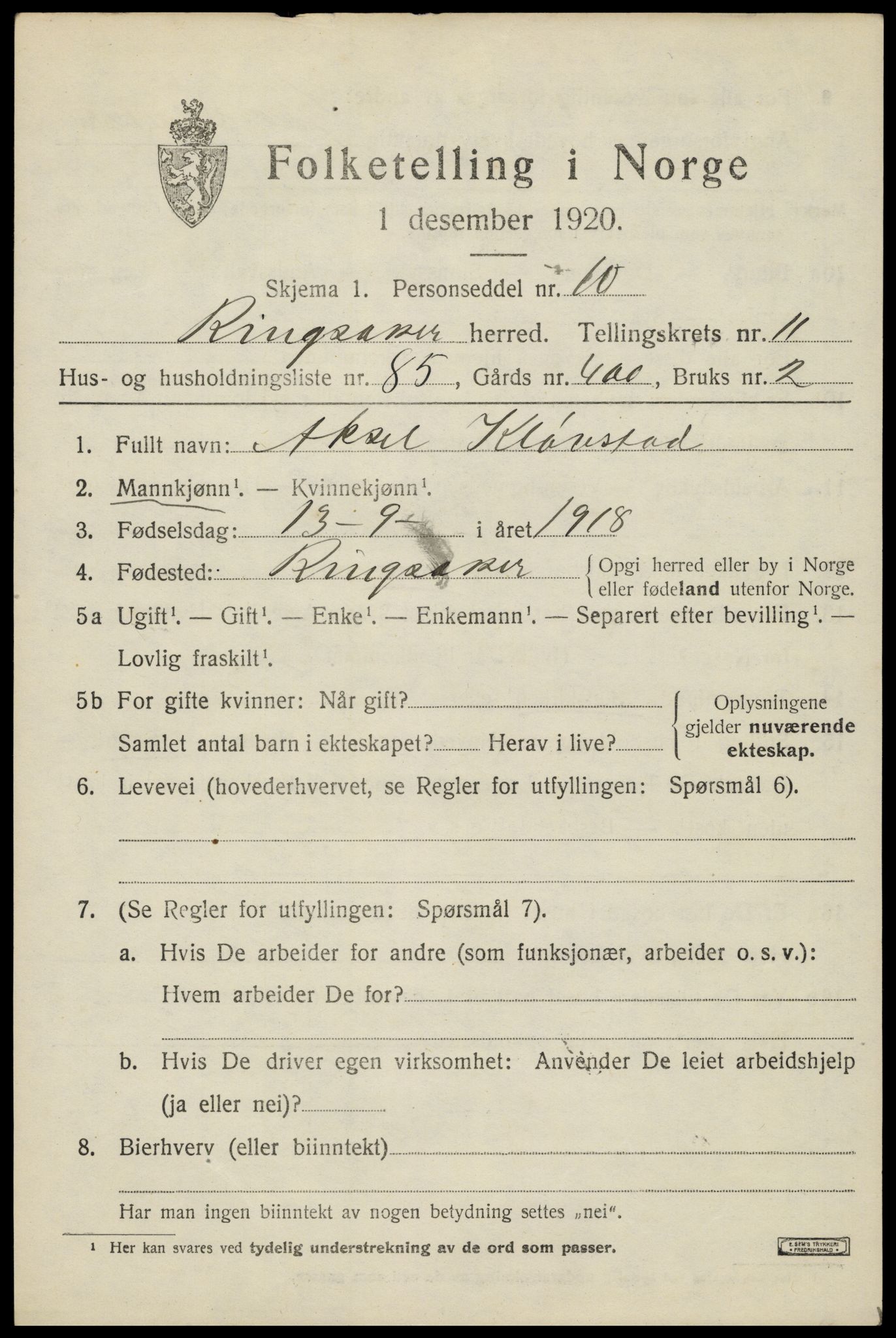 SAH, 1920 census for Ringsaker, 1920, p. 19370