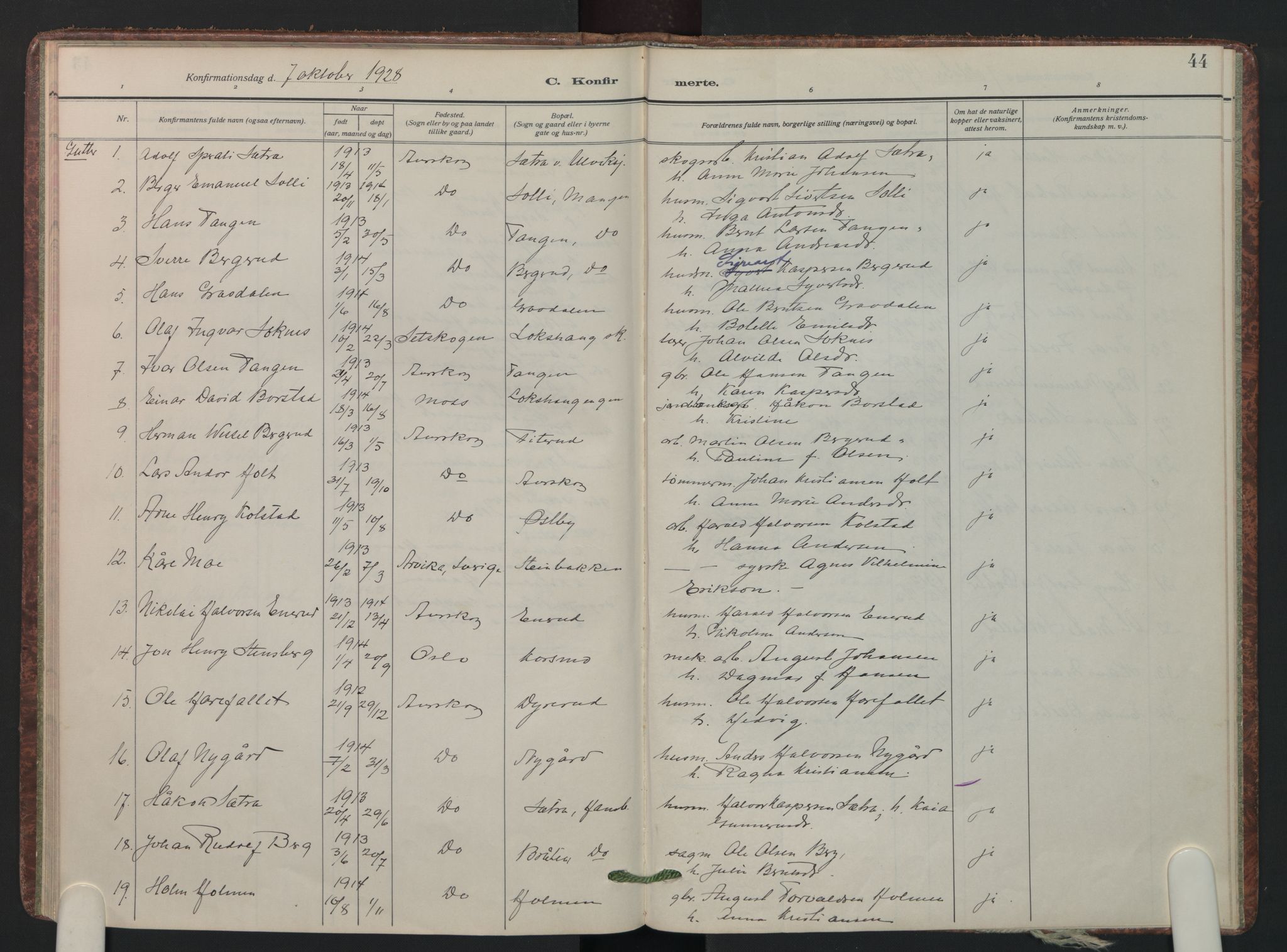 Aurskog prestekontor Kirkebøker, SAO/A-10304a/F/Fa/L0015: Parish register (official) no. I 15, 1915-1929, p. 44