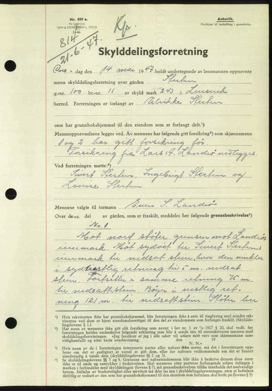 Fosen sorenskriveri, AV/SAT-A-1107/1/2/2C: Mortgage book no. A, 1946-1950, Diary no: : 814/1947
