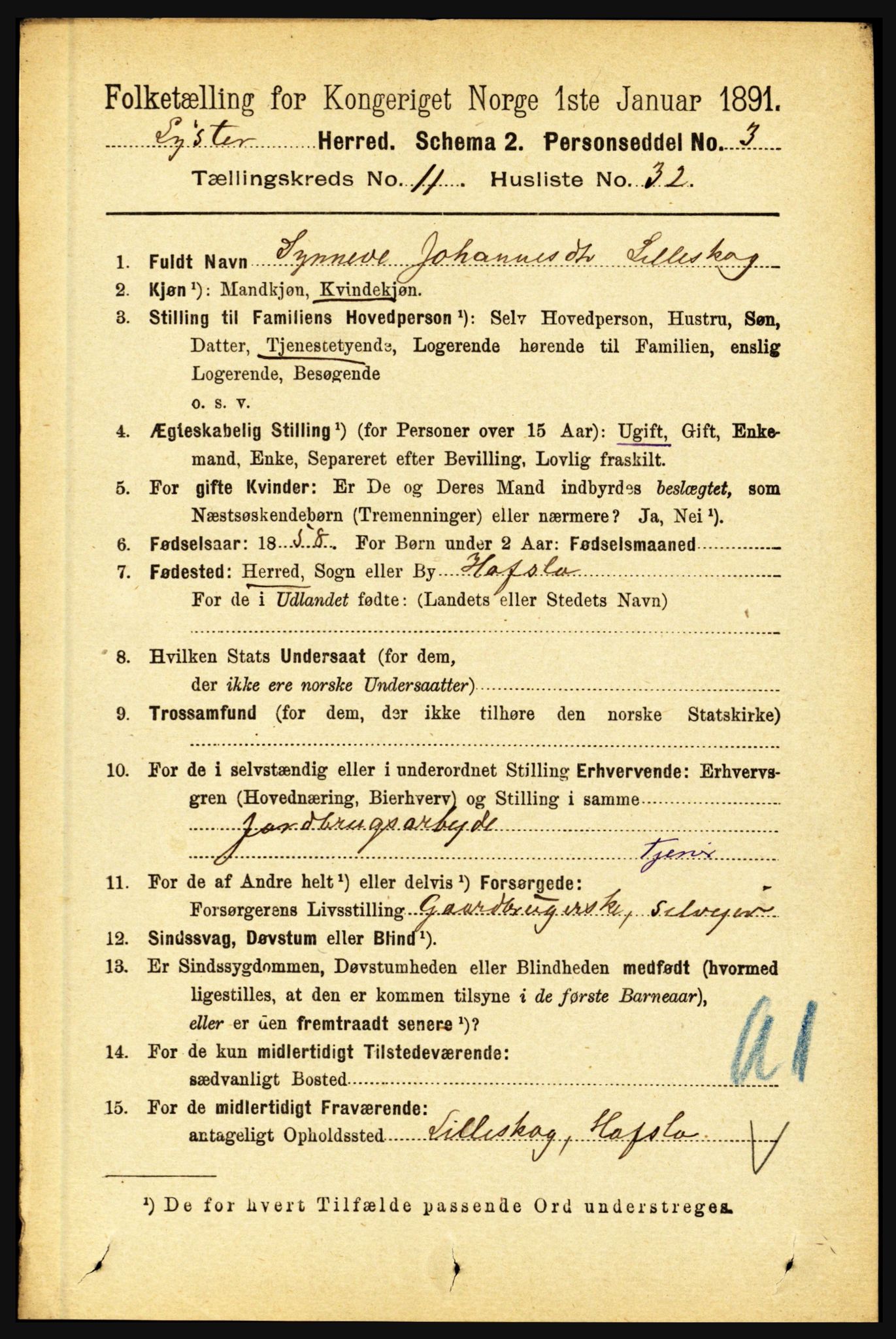 RA, 1891 census for 1426 Luster, 1891, p. 3436