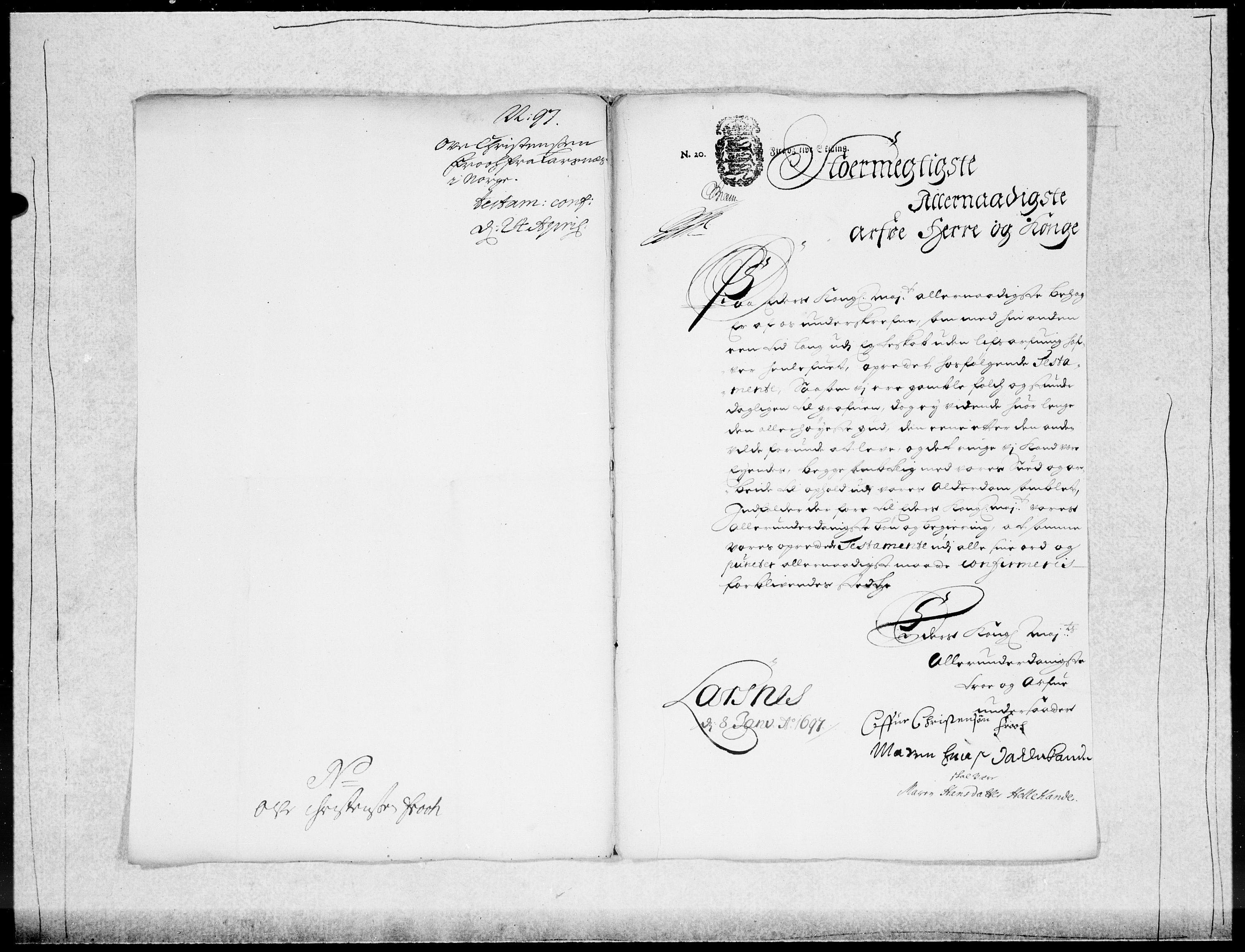 Danske Kanselli 1572-1799, RA/EA-3023/F/Fc/Fcc/Fcca/L0047: Norske innlegg 1572-1799, 1695-1697, p. 315